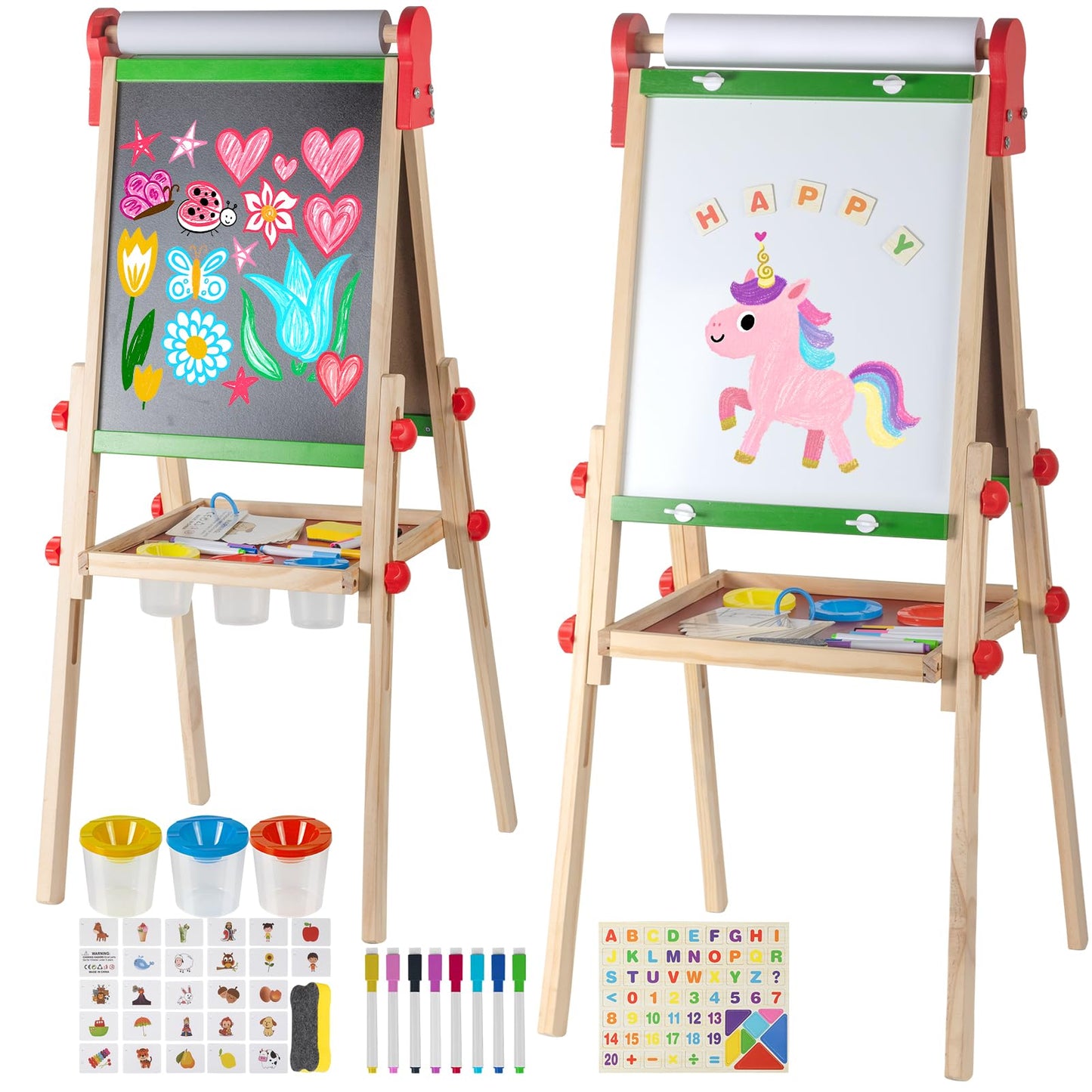 Kids Art Easel with Paper Roll for Toddlers, Adjustable Double Sided Magnetic Drawing Board Dry Erase Whiteboard & Chalkboard，Easel for Toddlers 2-4 Years Painting Wooden Easel Kids 4-8