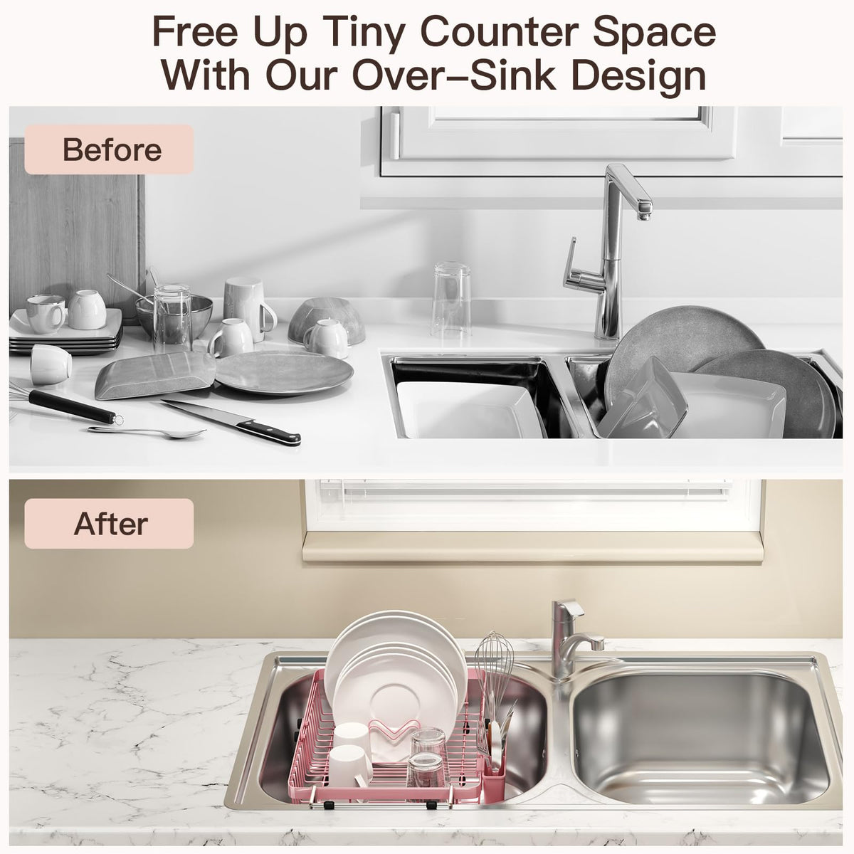 Pink Dish Drying Rack Over The Sink with Utensil Holder