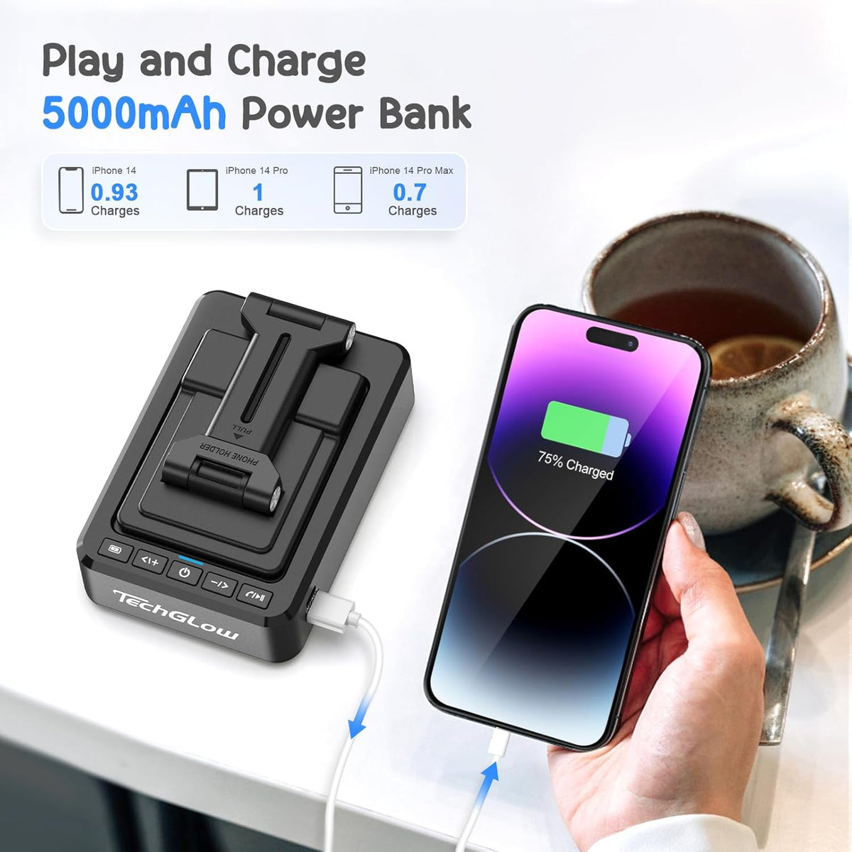TechGlow Foldable Cellphone Stand with Bluetooth Speaker and Power Bank Birthday Gifts for Men Women Mother Father Boy Girl Teens Cool Tech Gadgets