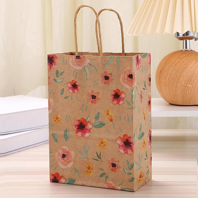 24pcs Floral Pattern Kraft Paper Bag Gift Bags with Handles for Party Favors, Mothers Day, Weddings, Birthday Celebration, Baby Shower,8.26×5.9×3.14inch