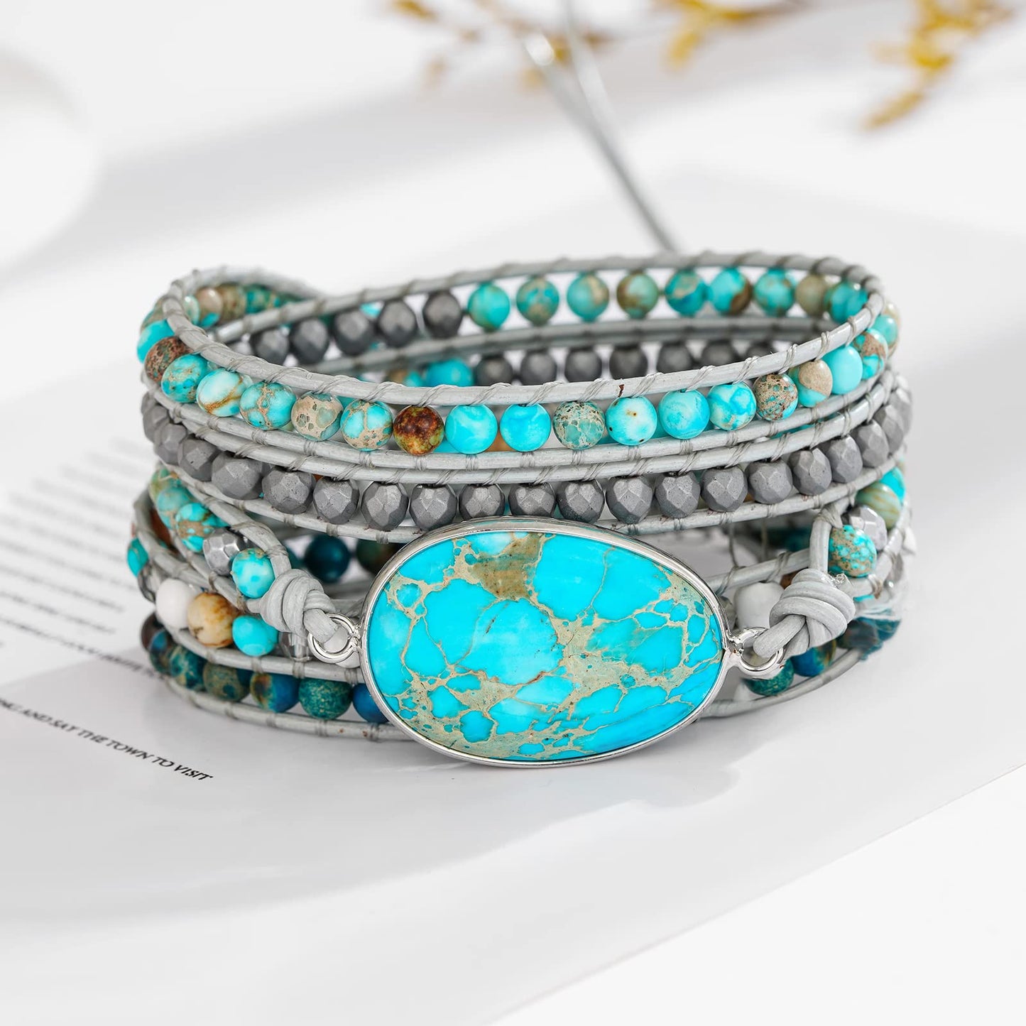 Plumiss Boho Wrap Bracelets Natural Turquoise Stone Crystal Bead Wrap Bracelet for Women Men