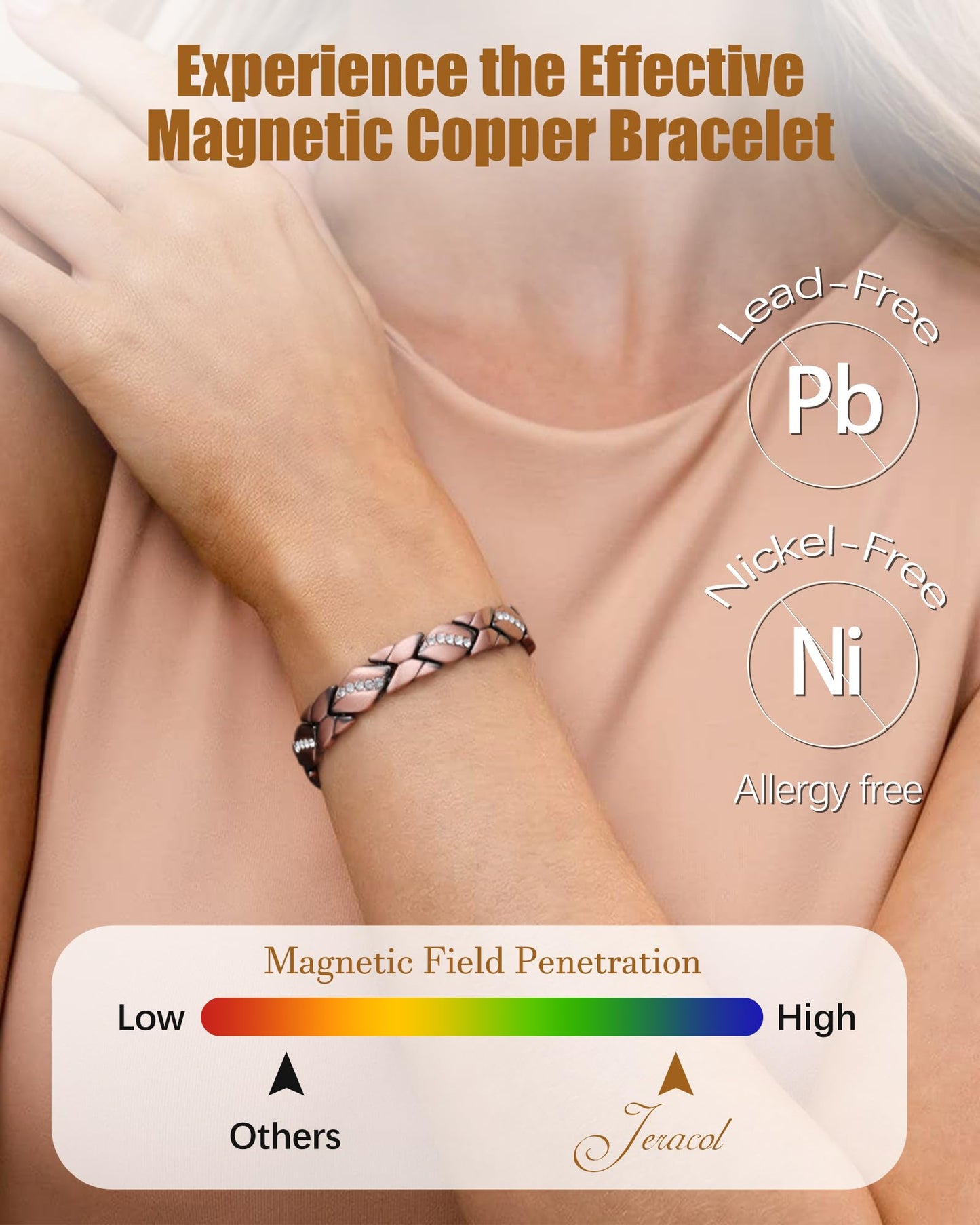 Jeracol Copper Bracelet & Ring for Women, 99.99% Pure Copper Magnetic Bracelet with 3500 Gauss, Adjustable Length Sizing Tool & Jewelry Box