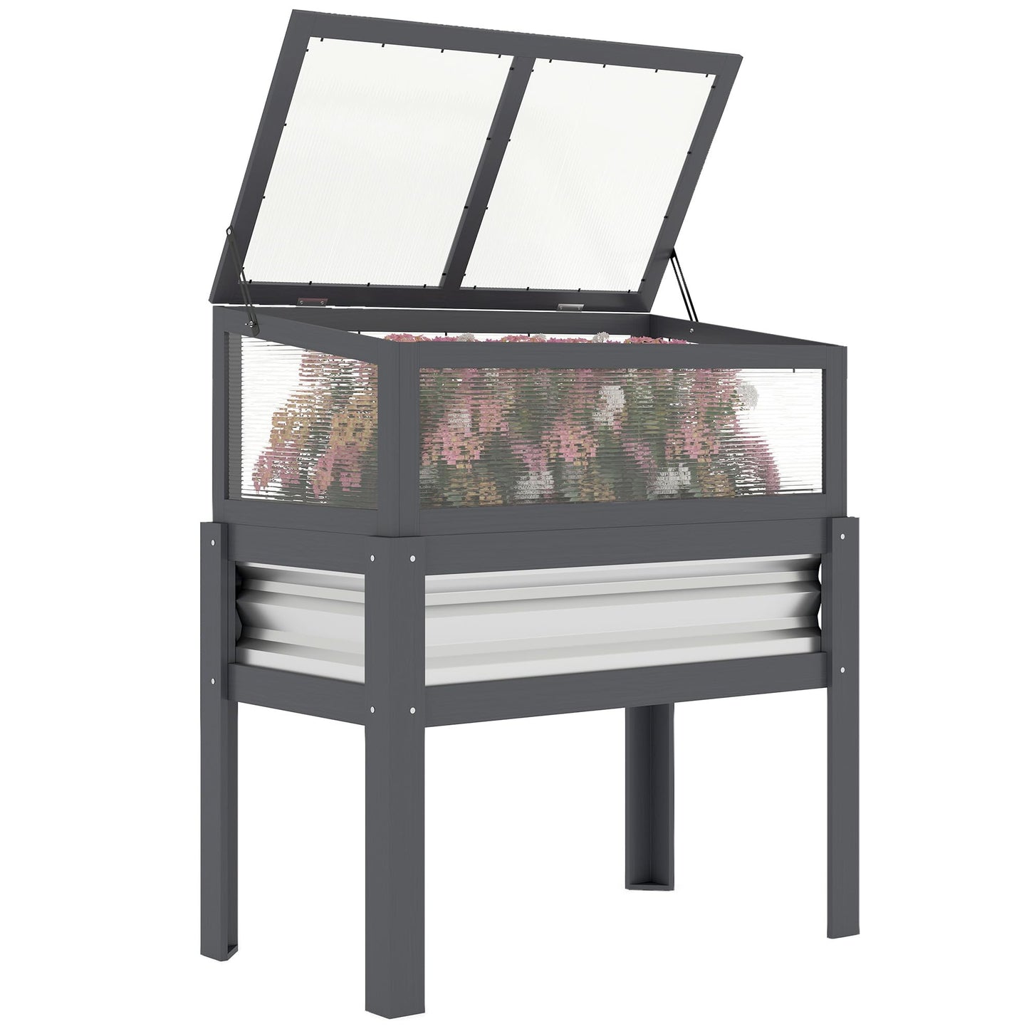 Outsunny Wooden Raised Garden Bed with Flip-Up Greenhouse Top, Raised Garden Bed with Legs and Bed Liner, Elevated Planter Box for Flowers, Vegetables, Herbs, Gray