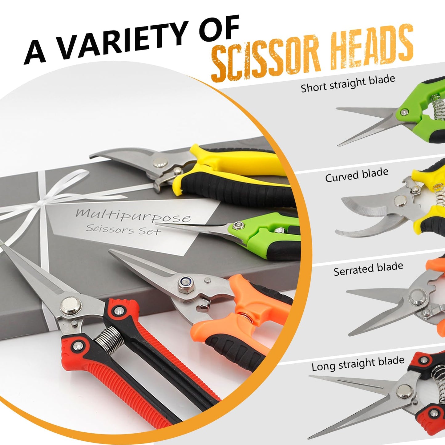 4 Pack Garden Pruning Shears Stainless Steel Clipper Kits, Handheld Garden Trimming Scissors with Sharp Blade Snips Scissors- Gardening Tools for Flowers Plant Branches (Curved & Straight Blade)