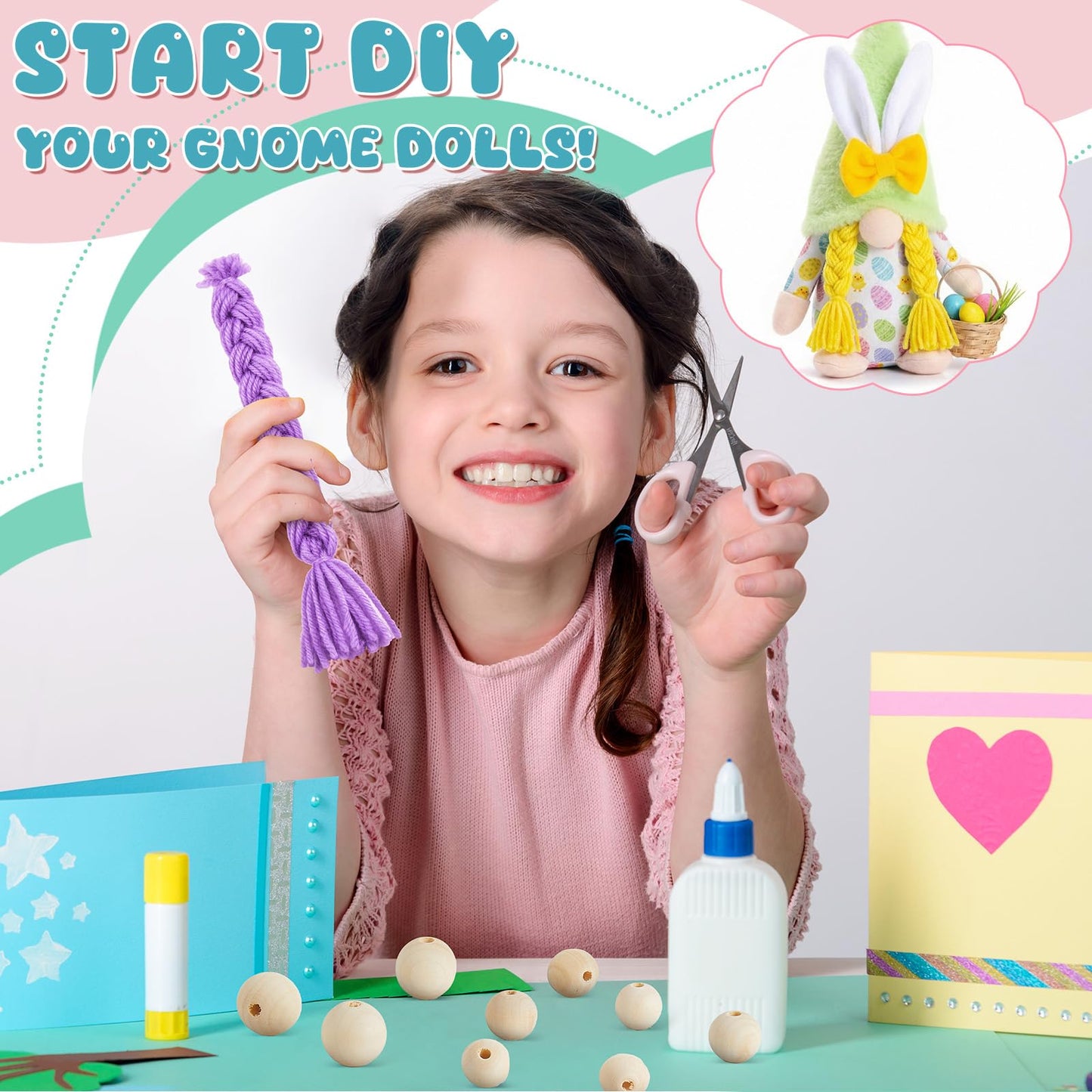 Syhood 21 Pcs Spring Gnome Braids for Crafting Summer Gnome Making Supplies for Easy Craft Pre Cut Dwarf Braid Beard and Small Unfinished Wooden Ball Nose Handmade Accessories