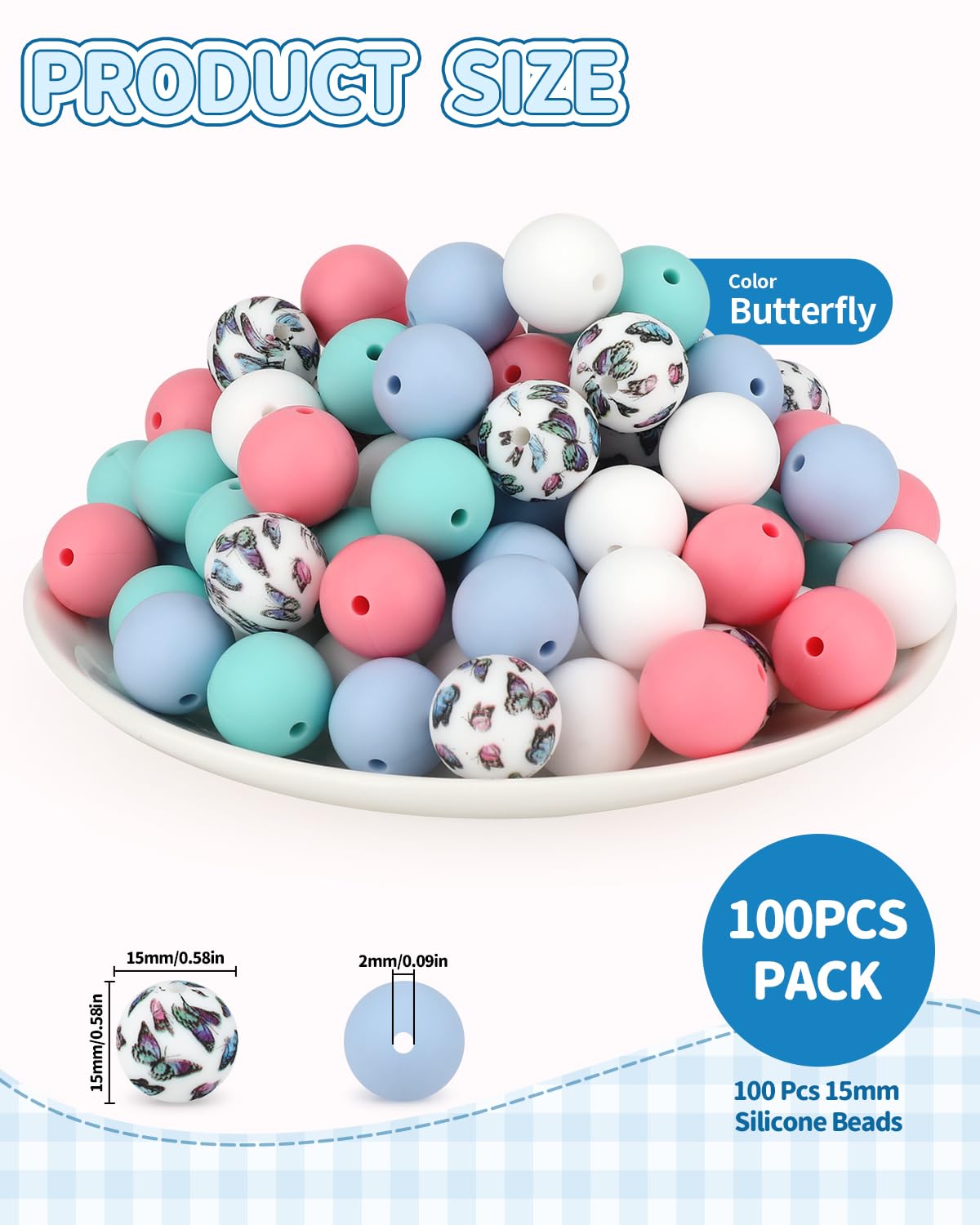 SALUOKE 100 Pcs 15mm Silicone Beads for Keychain Making, Butterfly Silicone Beads Bulk Round for Bracelets Pens Crafts Jewelry Making (Butterfly)