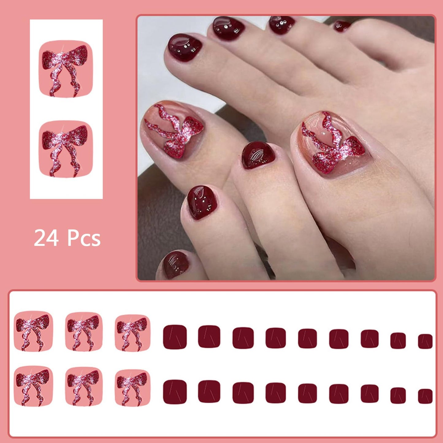 Wine Red Press on Toenails Short Square Fake Toe Nails with Glitter Bow Design Cute False Toenails Reusable Glue on Nails Dark Red Glossy Acrylic False Toenails for Coquette Women 24Pcs