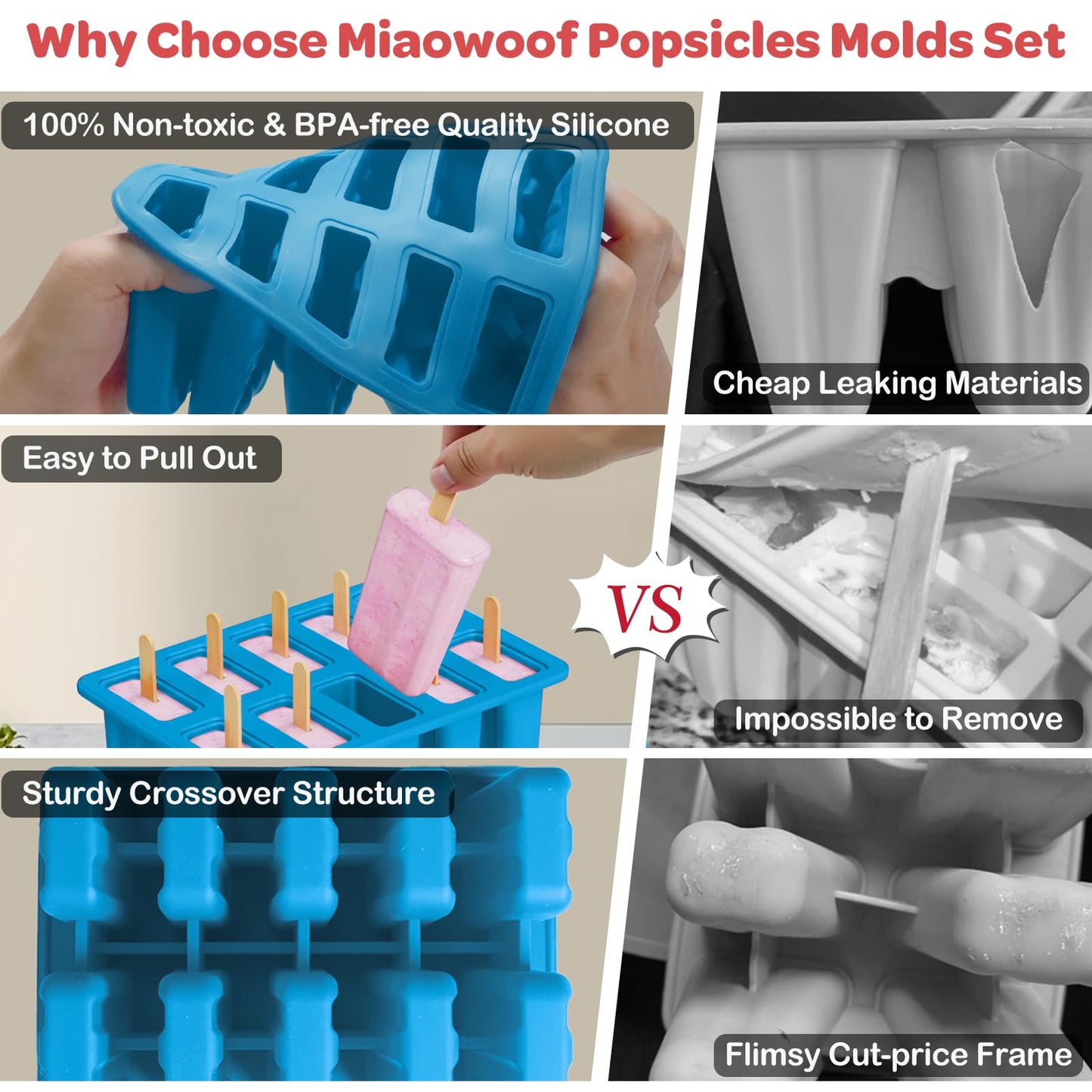 Miaowoof Homemade Popsicle Molds, 10-Cav Non-BPA Silicone Ice Pop Maker, with 50 Sticks, 50 Bags, 10 Reusable Sticks, Funnel, Brush and Ice Pop Recipe (Blue+Bin)