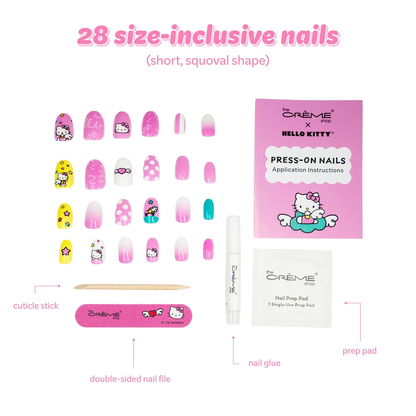 The Crème Shop x Hello Kitty Wings Collection Press On Nails, Short Squoval Shape, 28 Nails Kit with Glue and Tools (Wings Pink)