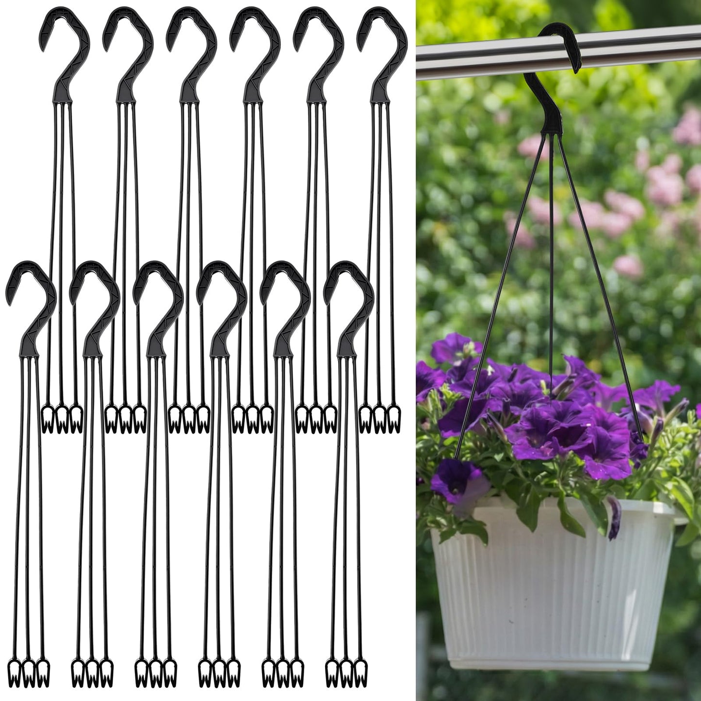 Acellegic 12 Pcs Plastic Plant Pot Hanger 14 Inch Black Hanging Basket Hooks Flower Pot Hangers for Indoor/Outdoor Garden, Patio, Balcony Decor