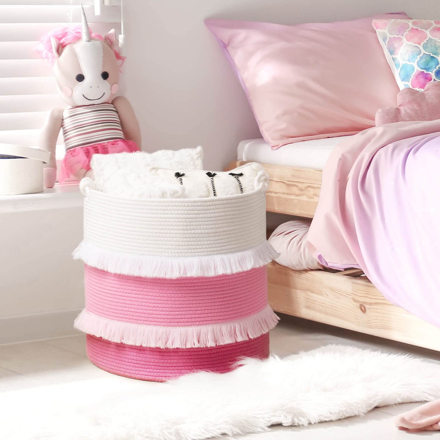 CherryNow Extra Large Woven Storage Baskets – 16'' x 17'' Cotton Rope Decorative Pink Hamper for Nursery, Toys, Blankets, and Laundry, Cute Tassel Nursery Décor for Baby & Girl