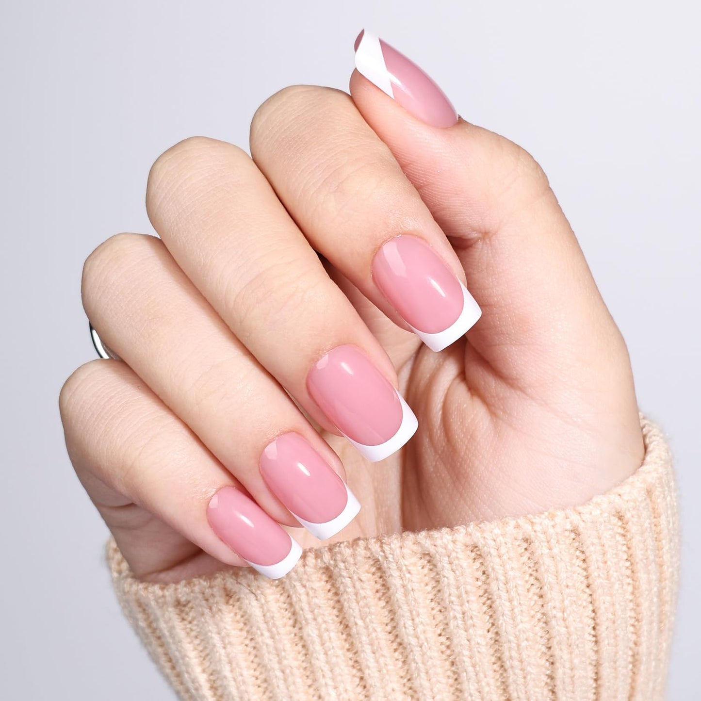 Leefrei French Tip Press On Nails - Short Square Blush Pink Press on Nails Glossy Nails Press Ons for Women DIY Fake Nails Kit, Reusable Glue on Nails Short in 16 Sizes - 32pcs, Blush Tip