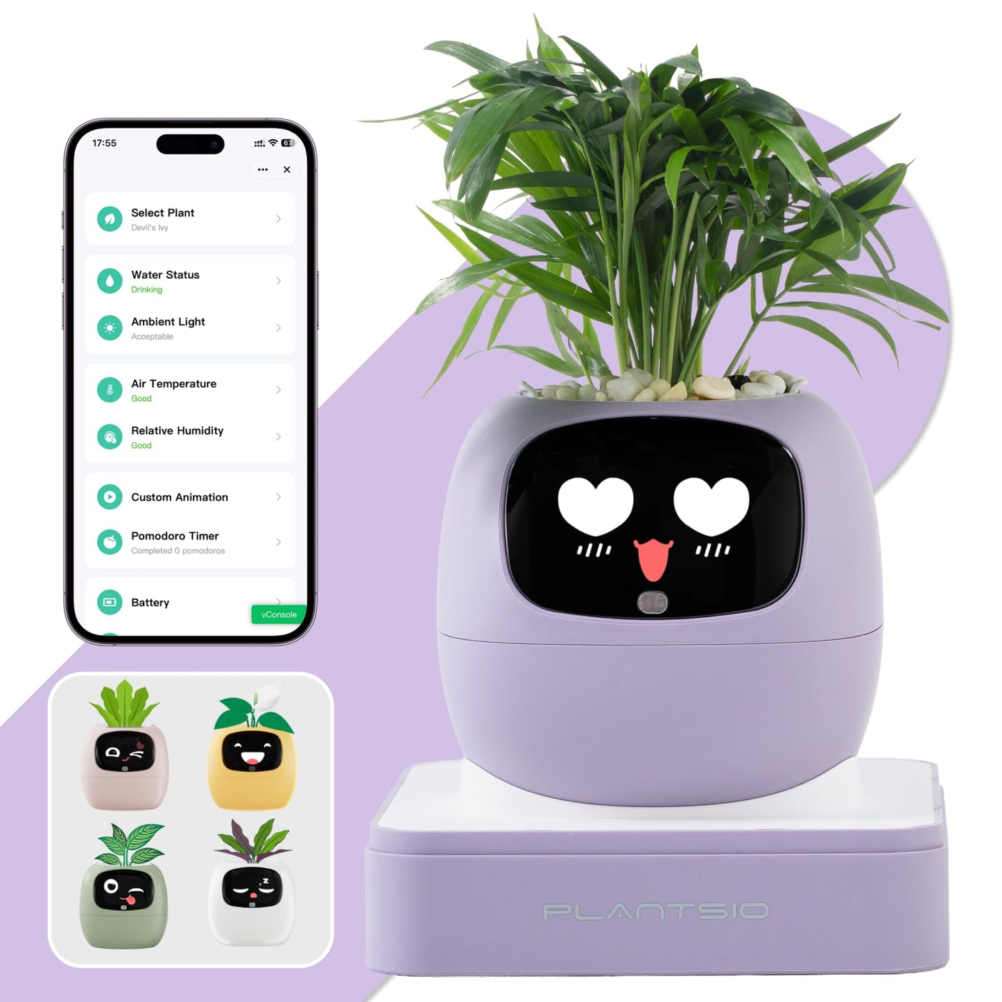 Smart Plant Pot with Visual Display – Soil Moisture, Water Level, Light & Battery Monitor, 80ml Self-Watering Reservoir, Supports 100+ Plants, Pomodoro Timer, Clock & Calendar-Purple