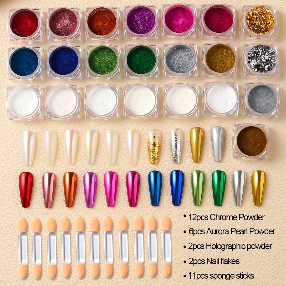 SUTOZMIWE 22 Jars Nail Chrome Powder Set Magic White Pearl Kit Metallic Mirror Effect Gold & Silver Holographic Dip Nail Powder Glitter Nail Chrome Pigment for Manicure Decoration