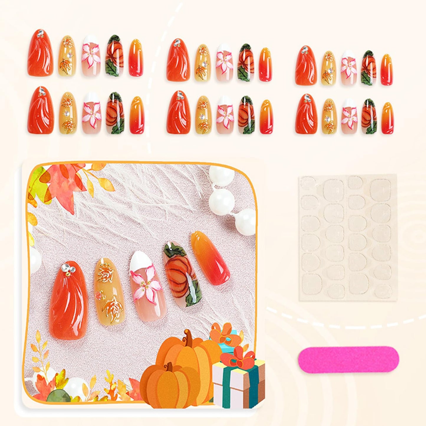 30Pcs Thanksgiving Maple Leaf press on Nails Medium Almond Artificial Acrylic Fake Nails French White Tip Gradient 3D Flower with Rhinestones Stick on Nail Full Cover Artificial Fingernails for Women