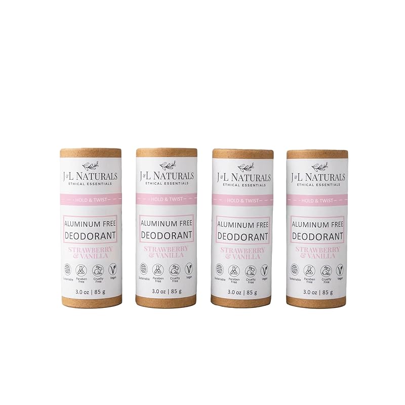 J&L Naturals Aluminum Free Deodorant for Men & Women | 100% Natural Ingredients With Coconut Oil, Shea Butter, & Essential Oils | Sustainable, Eco-Friendly (Strawberry & Vanilla, 3.0 Oz (Pack of 4))