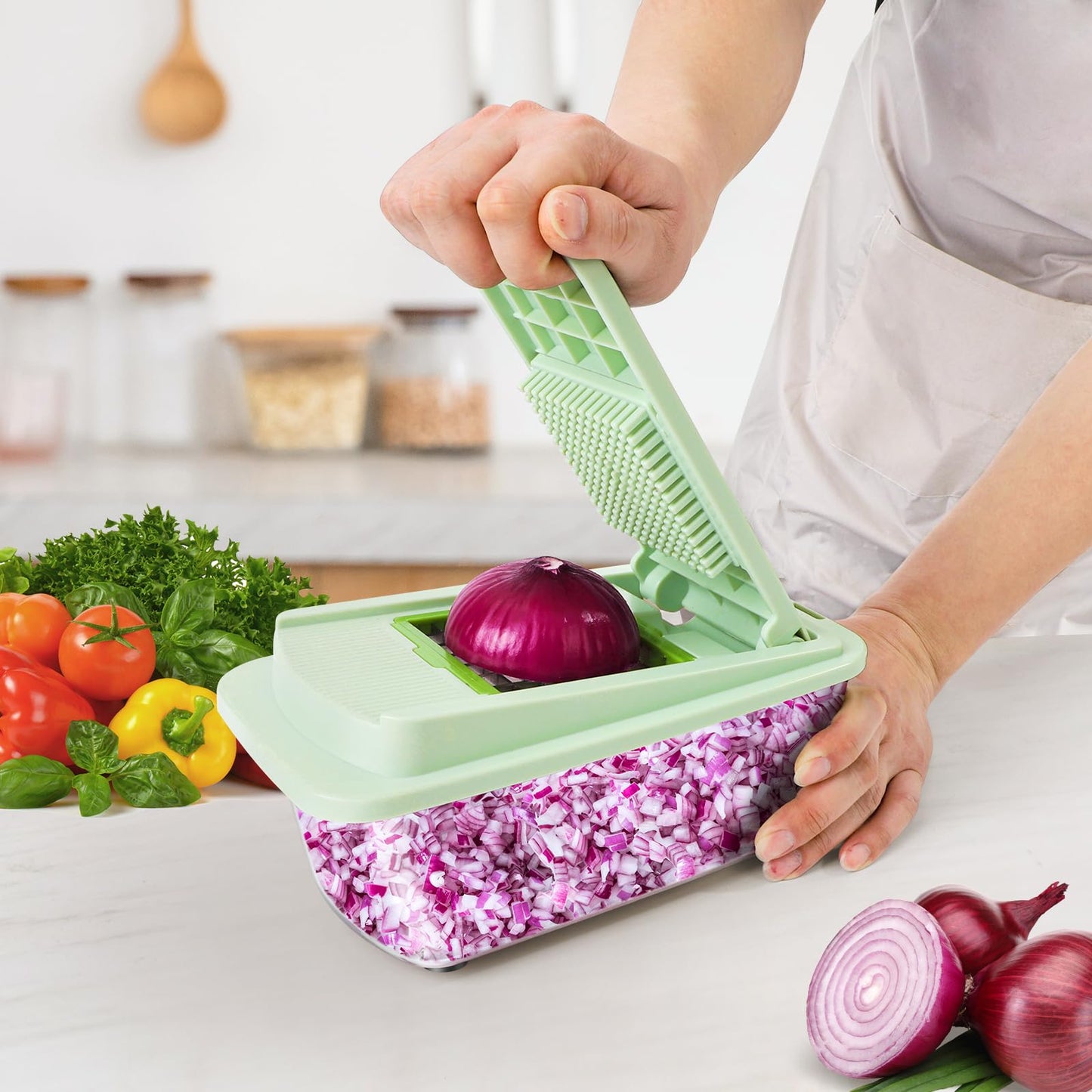 Vegetable Chopper 16-in-1 Multifunctional Kitchen Gadgets - 8 Blades Onion Chopper with Container, Food Spiralizer Slicer Dicer Grater Shredder, Vegetable Cutter for Salad/Coleslaw/Meat/Nuts