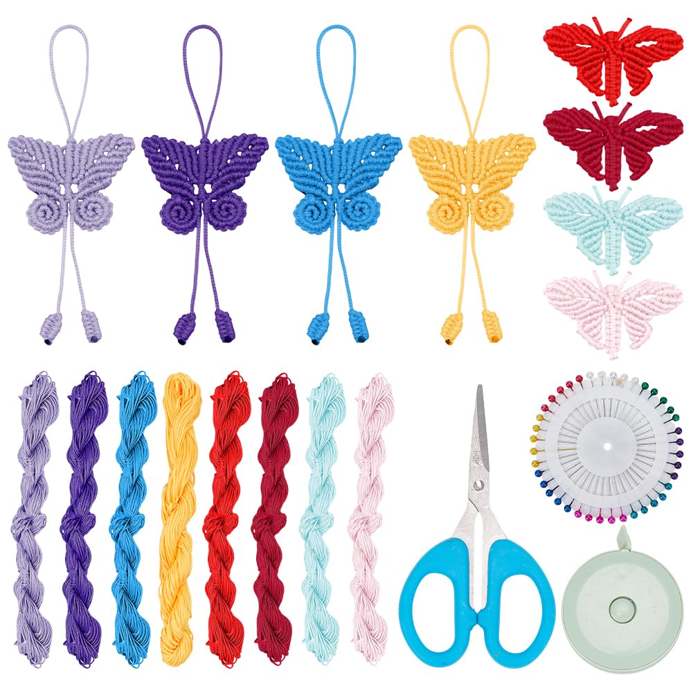 INFUNLY 8 Set DIY Macrame Butterfly Kits Colorful Macrame Butterflies Kit with Instruction Video Boho Macrame Butterfly Hanging Ornament Handmade Macrame Starter Kit for Car Key Purse Bag Phone Charm