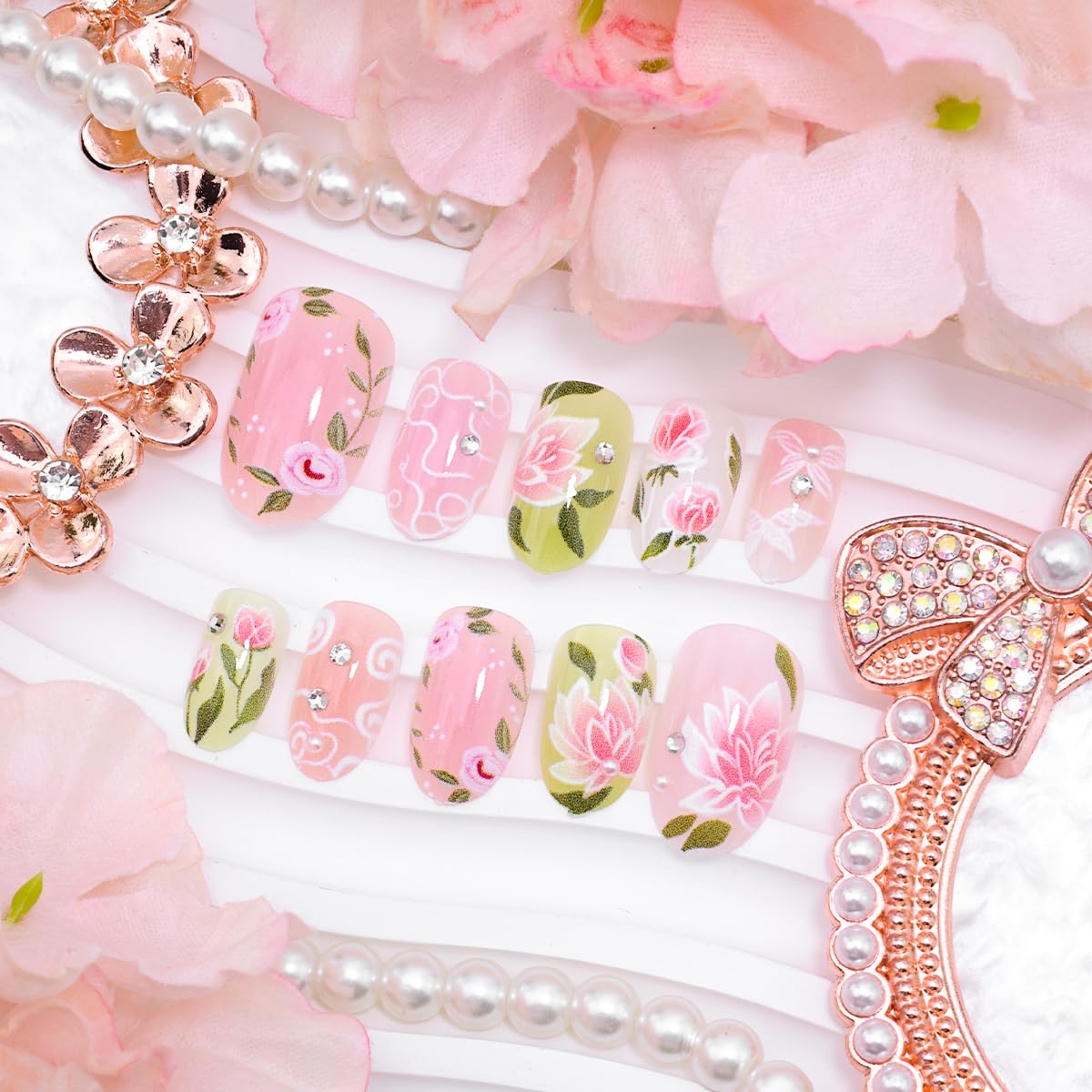 Pink Flower Press on Nails Short Oval Cute Fake Nails with 3D Rhinestone Design Spring Acrylic Nails Butterfly False Nails Summer Glue on Nails Lotus Flower Rose Press ons Artificial Nails Decor 24Pcs