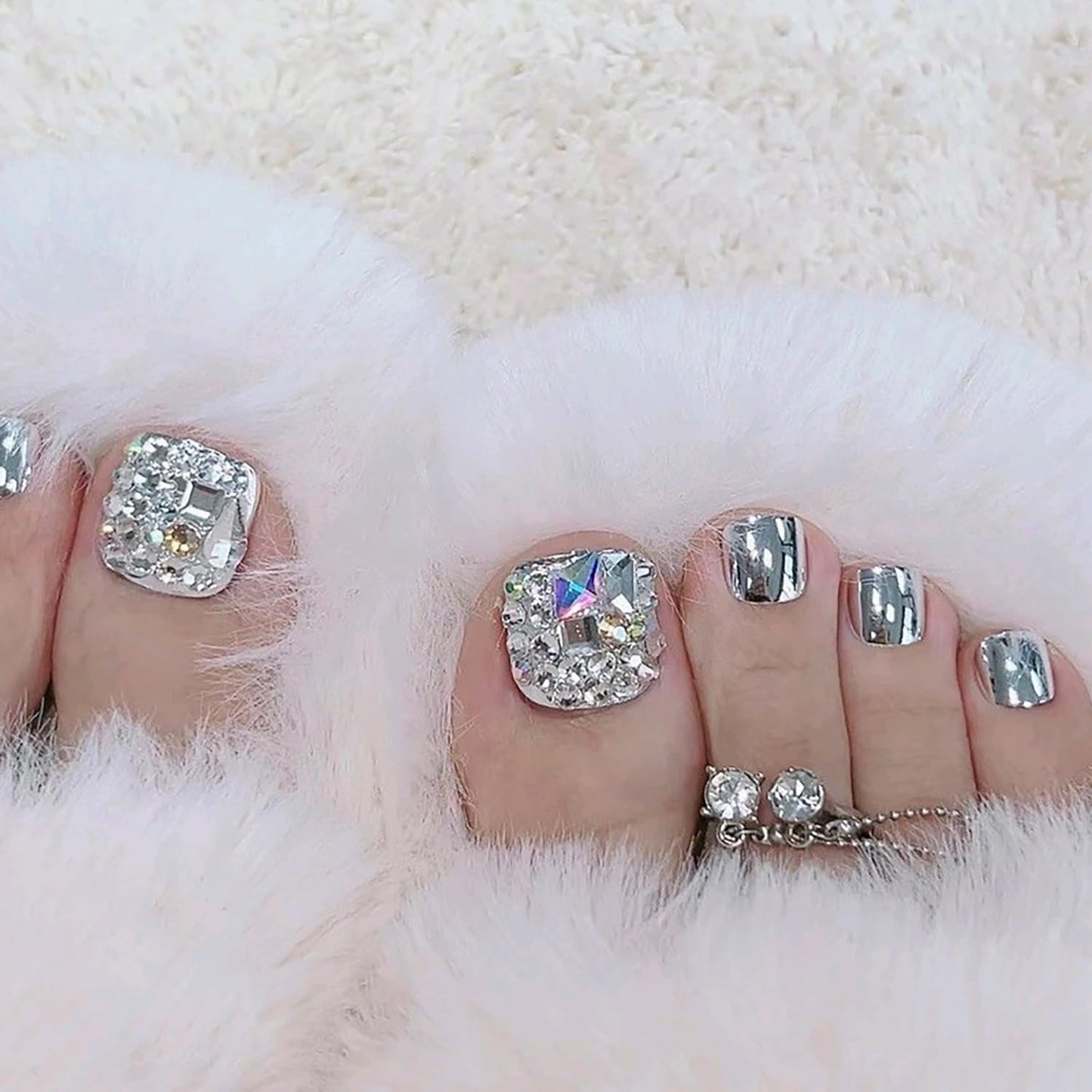 Glitter Silver False Toenail Sets - Press on Coffin Nails with Rhinestone Designs, Full Cover Artificial Acrylic Fake Nails, Stick on Toe Nails with Charm for Women