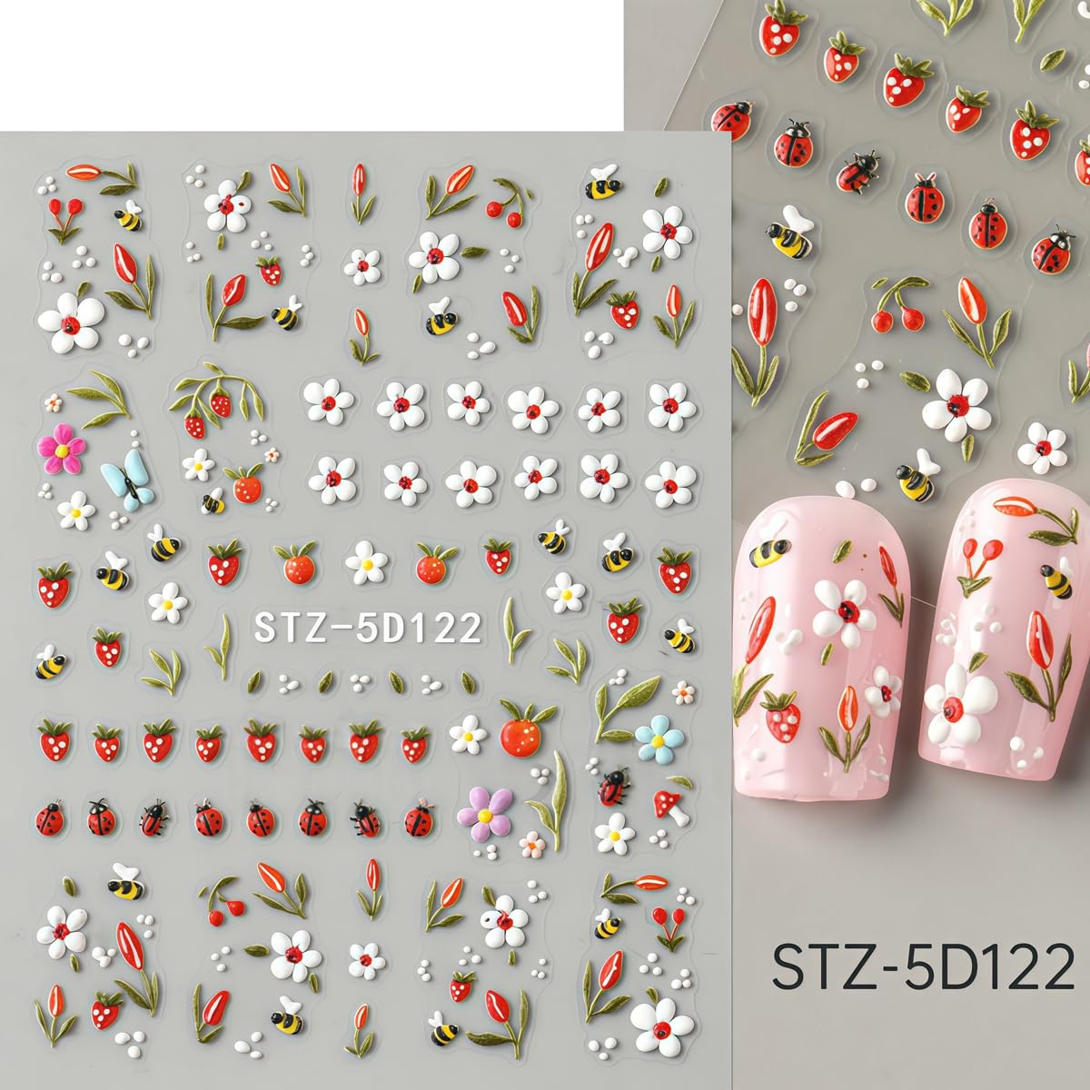 3 Sheets Flower Nail Art Stickers Decals 5D Self-Adhesive Nail Decals Spring/Summer Sea Style Designs, Self-Adhesive Decals for Women's Nail DIY Decoration