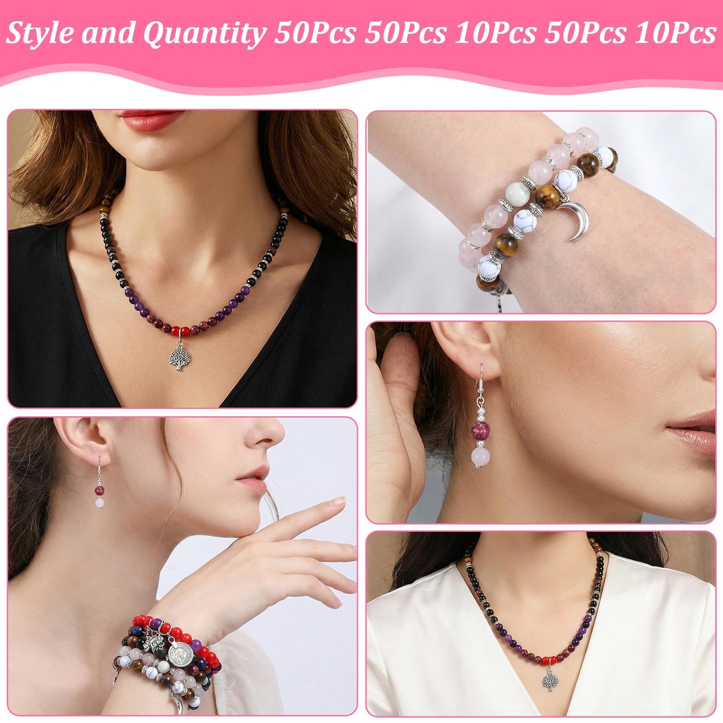 Ckhoid 473PCS Natural Stone Beads, 6mm Round Crystals Bead Bulk, Charm Bracelet DIY Making Kit, Gemstone Beads Jewelry Making Supplies for Friendship Couples Lovers Bracelets