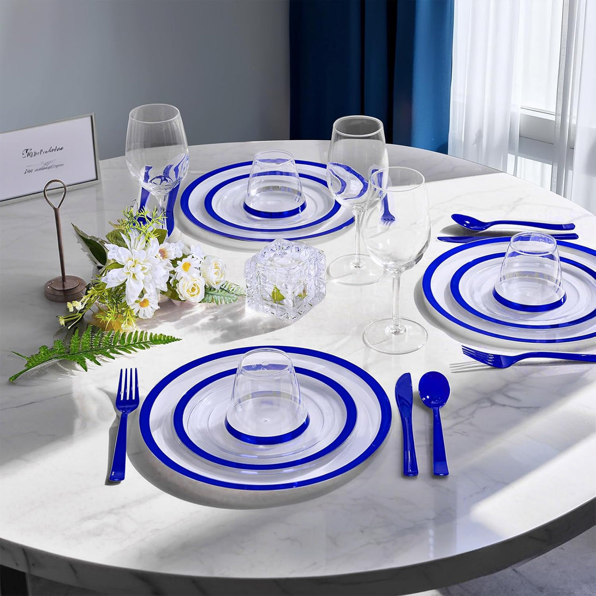 I00000 210 Pcs Dark Blue Plastic Plates, Clear Disposable Plates for 30 Guests, Blue Dinnerware Include 30 Dinner Plates 30 Dessert Plates, 30 Cups, 30 Pre Rolled Napkins with Cutlery Set for Party