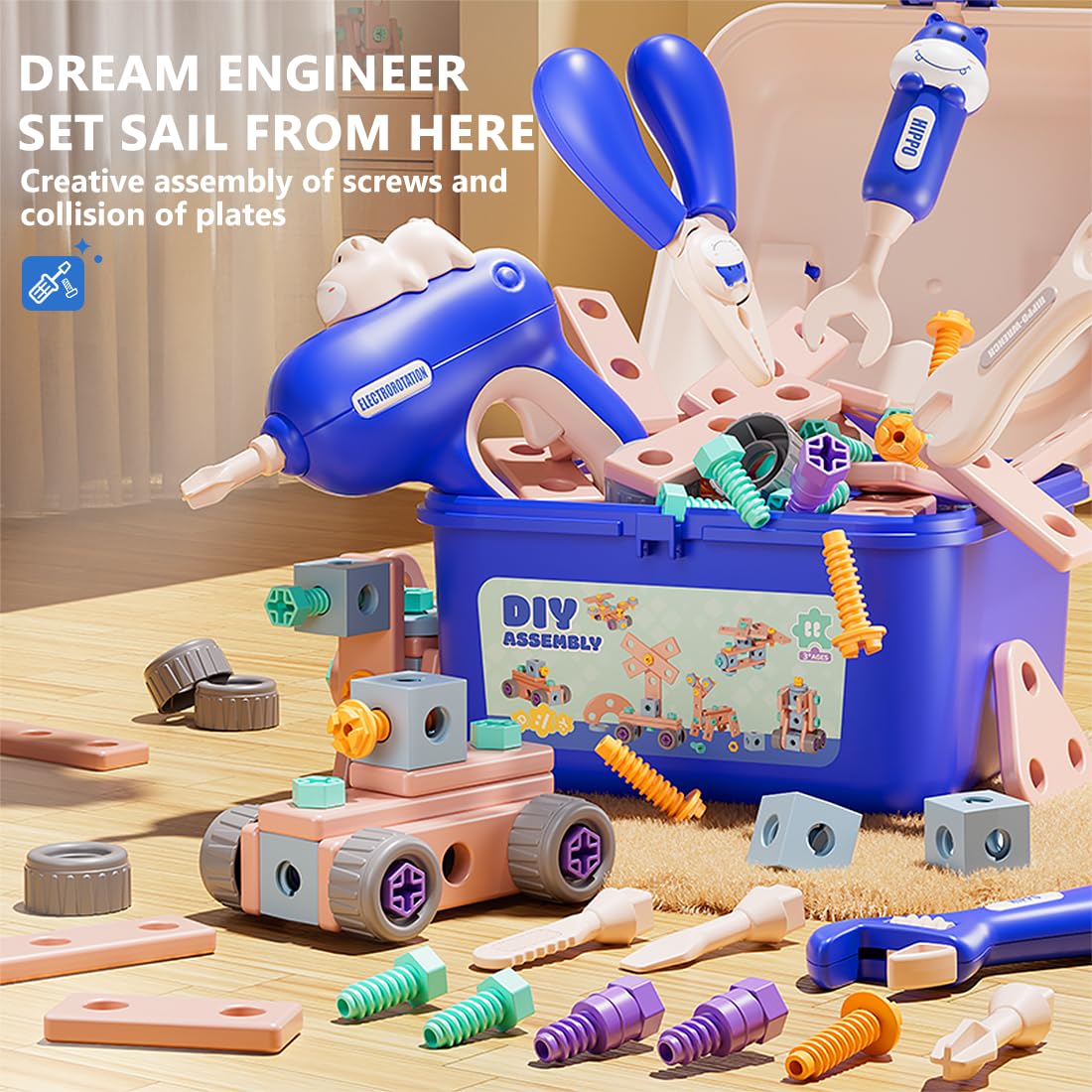 Ruiyisi Kids Tool Set, 206 PCS Toddler Tool Set with Tool Box & Electronic Toy Drill, Pretend Play Construction Kits for Kids Boy Girl Ages 3+ Toddler Boy Toys (Blue)
