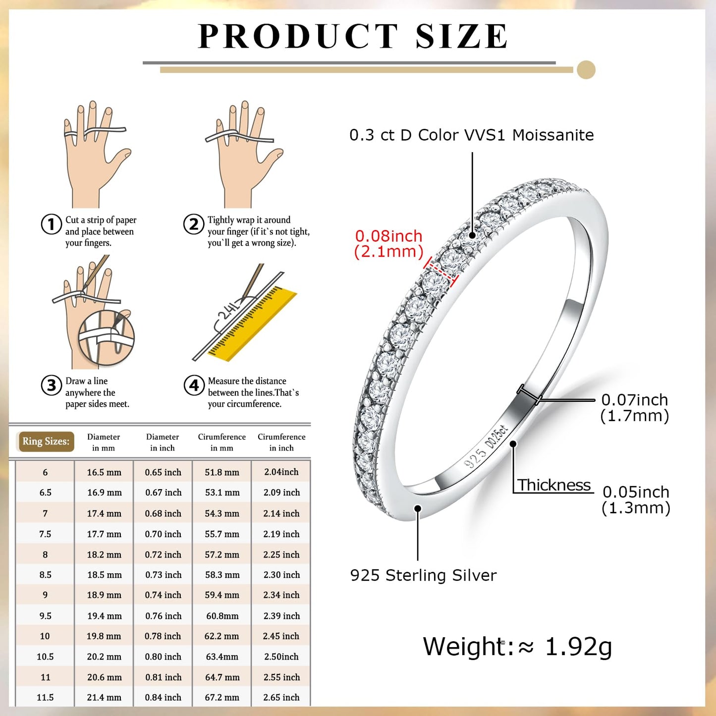 AGRULE 0.25 Cttw Moissanite Engagement Rings for Men Women 925 Sterling Silver Half Eternity Band Ring Stackable Wedding Bands Created Diamond Ring, Size 6