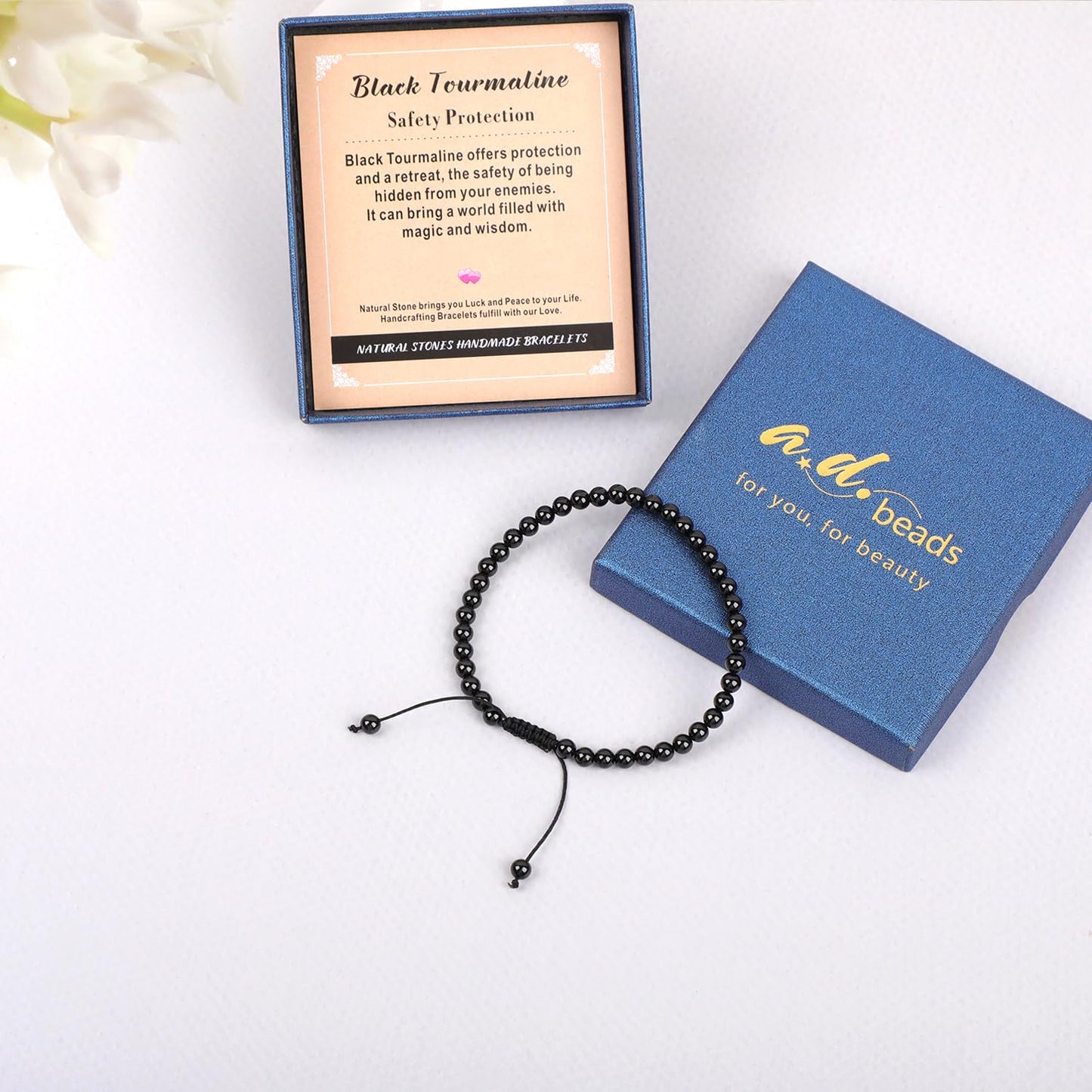 AD Beads 4mm Black Onyx Bracelet - Stone of Safety Protection - Handmade Natural Stone Crystal Bracelet with Adjustable Macrame String - Yoga Healing Power Energy Gifts for Men and Women