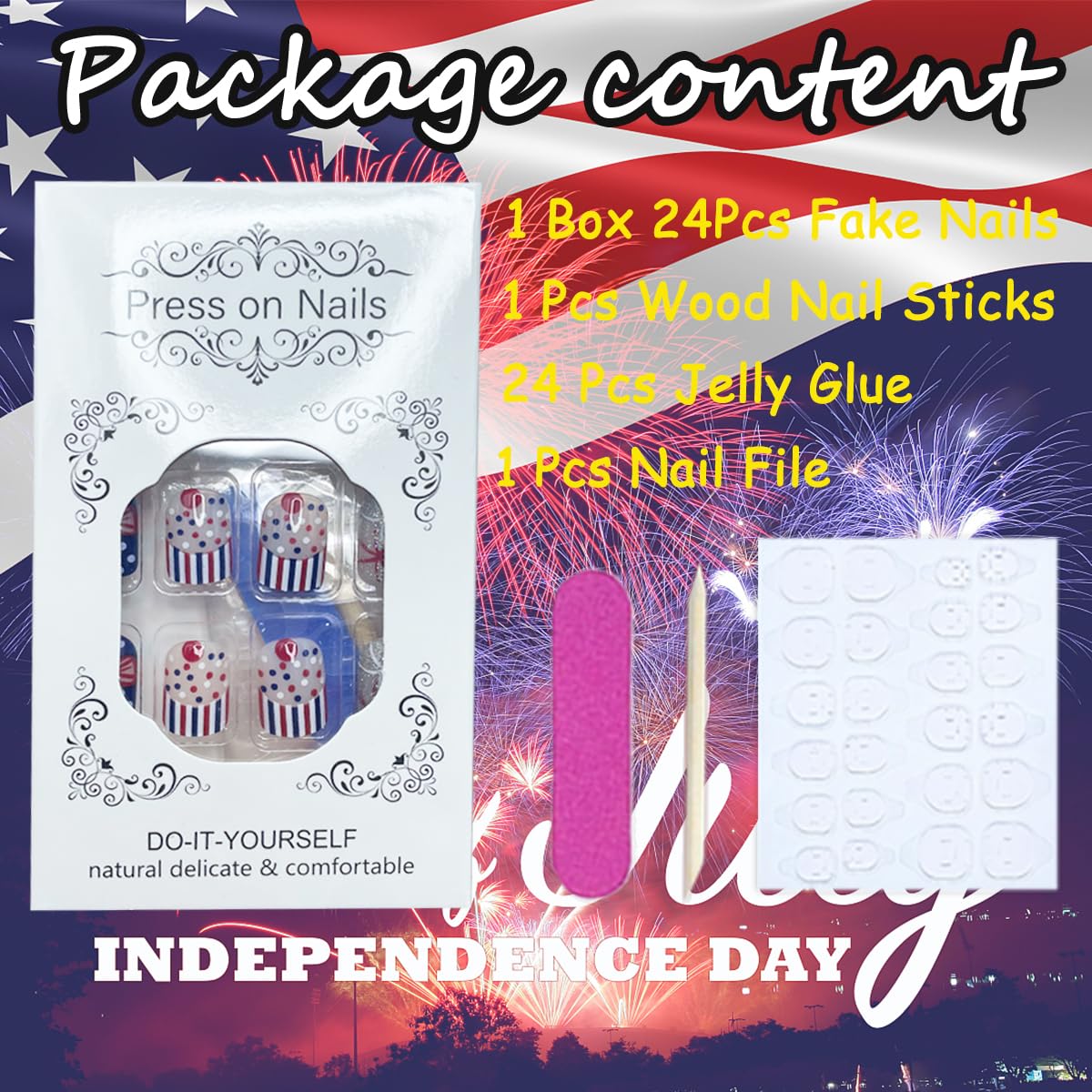 4th of July Press on Nails Short Square Fake Nails with American Flag Glitter Fireworks Designs Independence Day False Nails Polka Dot Stripe Bow Cute Artificial Glue on Nails for Women Girls 24Pcs