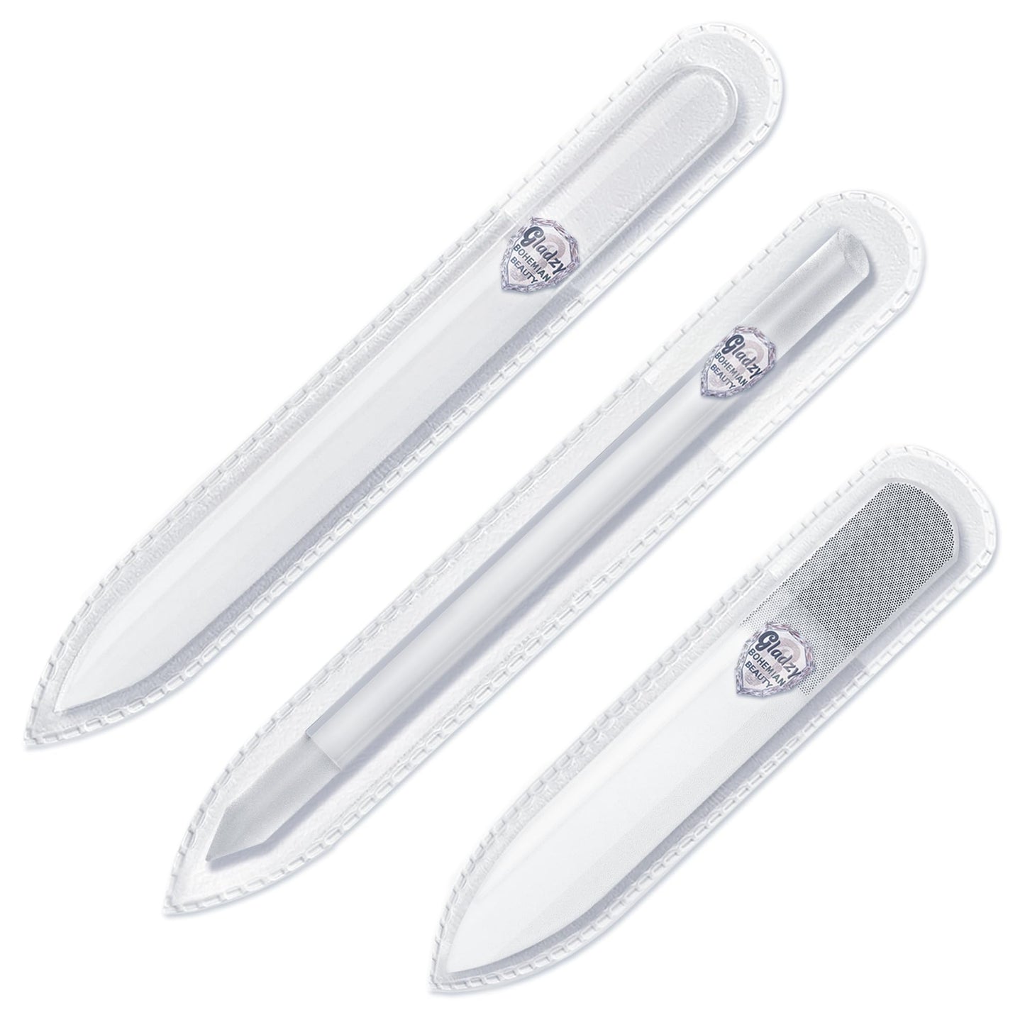 GLADZY Czech Glass Nail Buffer Set with Glass Nail File & Cuticle Pusher, 3 pcs Manicure Kit with Case, Multi-Functional Nano Shiner, Manicure Stick, Etched Crystal File for Natural Nails, Made in EU