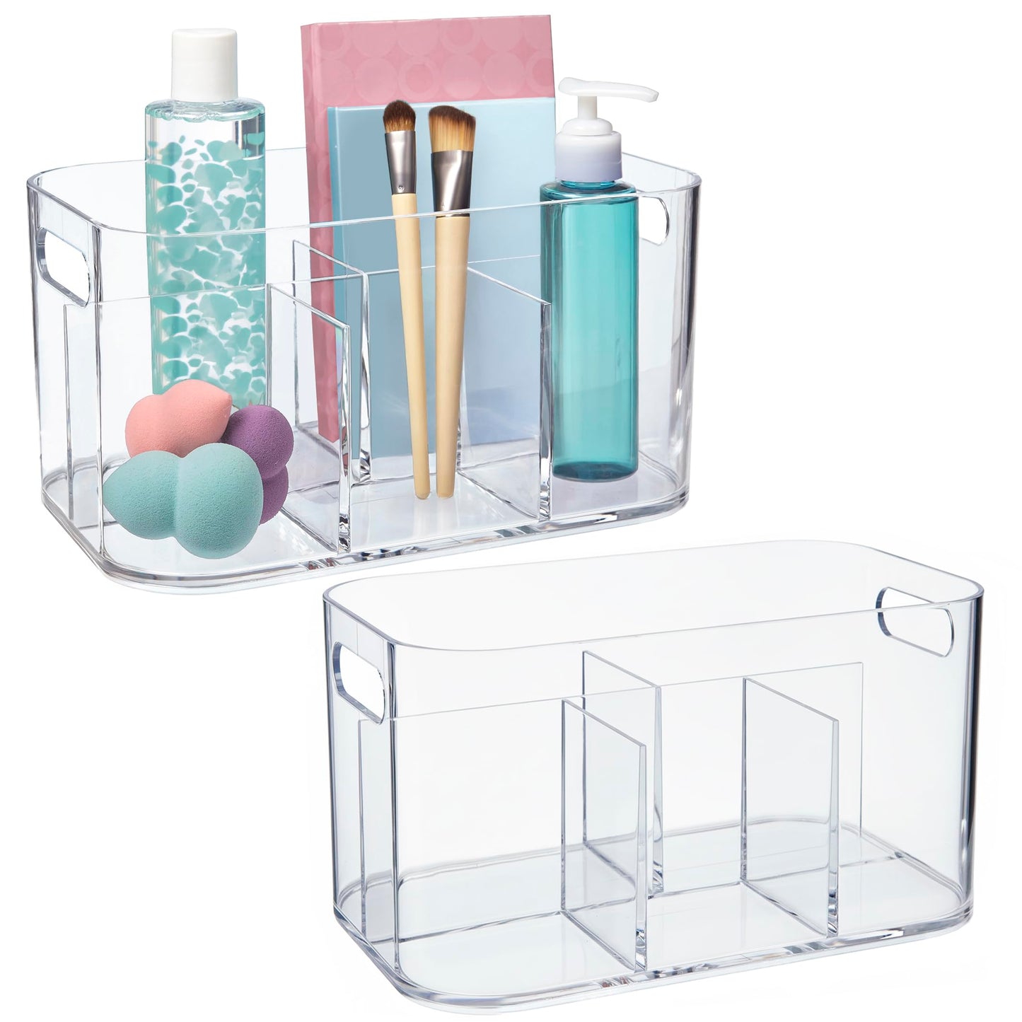 STORi Bliss 5-Compartment Plastic Cosmetics Storage Organizer, Set of 2 | Clear | Rectangular Divided Makeup Bin & Vanity Caddy with Pass-Through Handles | Round Corner Design | Made in USA