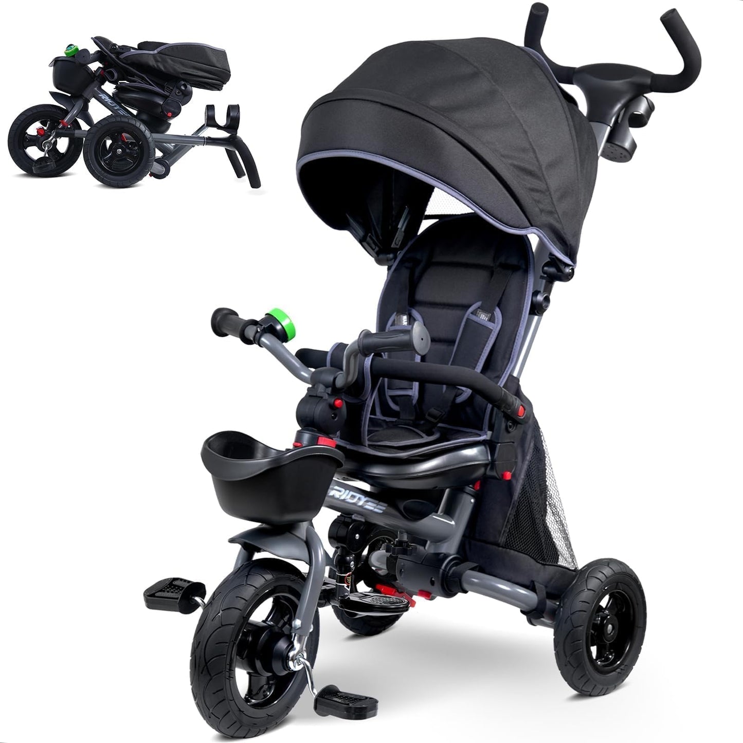 RIDYEE 7-in-1 Folding Toddler Tricycle for 18 Months to 5 Years, Tricycle Stroller with Dual Brakes, All-Terrian Rubber Tire, Tricycle for Toddlers with Rotatable Seat, Adjustable Push Handle, Grey