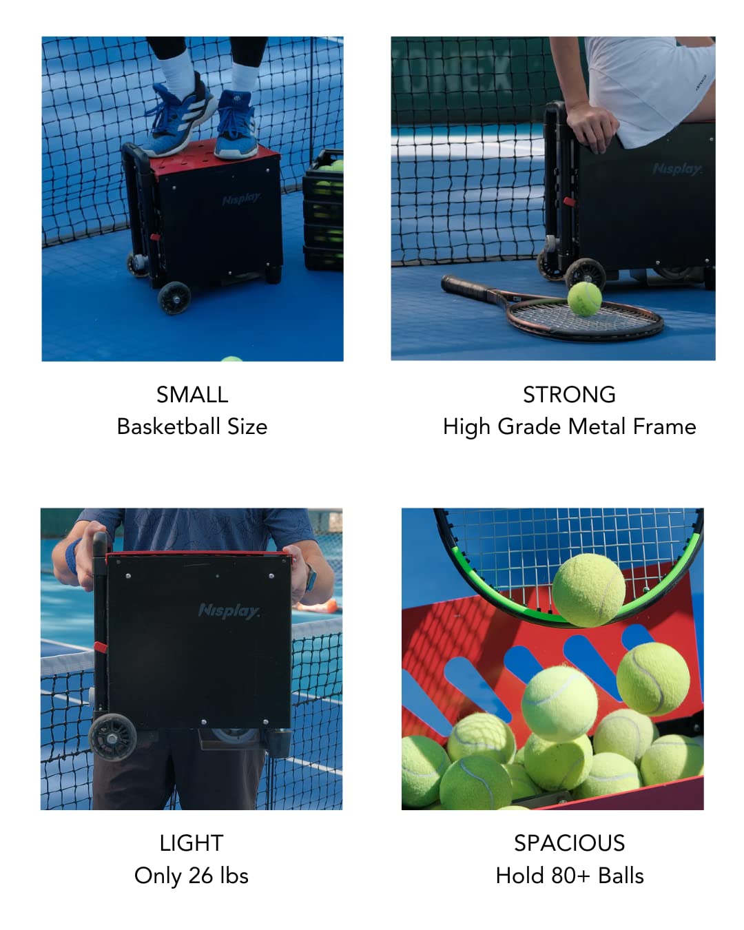Nisplay Portable Tennis Ball Machine (26lbs) - Dual Motor for TopSpin and Backspin, 80+ Balls, Max 68MPH, 4+ Hours Play with External Lithium Battery (Ball Machine Only)
