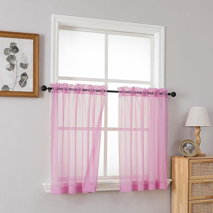 Light Pink Small Sheer Curtains Tier 24 Inches Length 2 Pieces, Light Filtering Cafe Curtains for Living Room Bathroom, Modern Window Treatments Dual Rod Pocket Panels, 2X42Wx24L Inches
