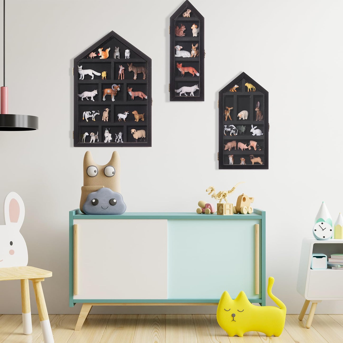 DoubleFill Set of 3 Wooden Trinket Display Shelf Shadow Box with Shelves 10 x 15 Inch Large Wall Mounted Display Storage Mini Figures Curio Trinket Medals Crafts Collections(Black,House Shape)