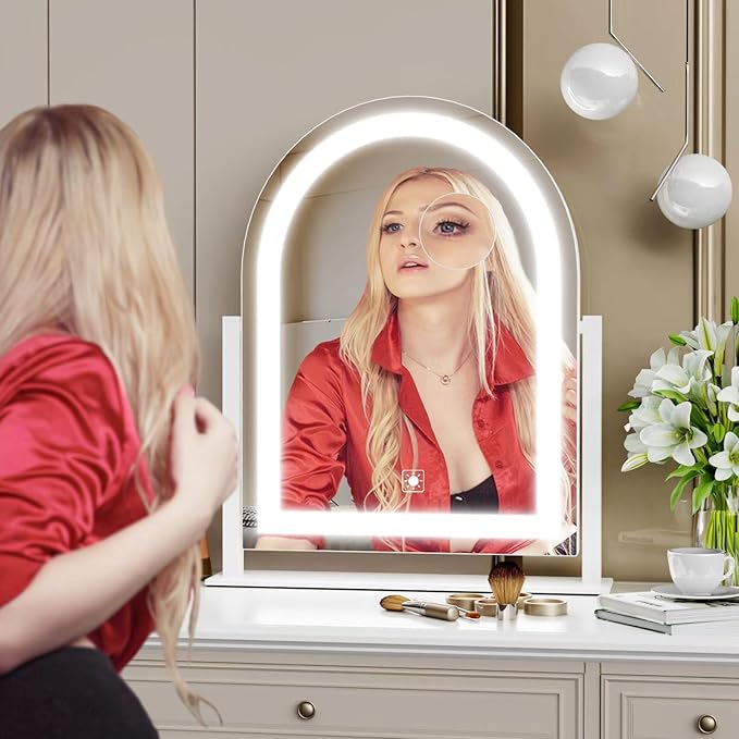 Lighted Makeup Mirror, Hollywood Vanity Mirror with Lights, Three Color Lighting Modes, and Detachable 10X Magnification Mirror, Smart Touch Control, 360°Rotation (15.2in White)