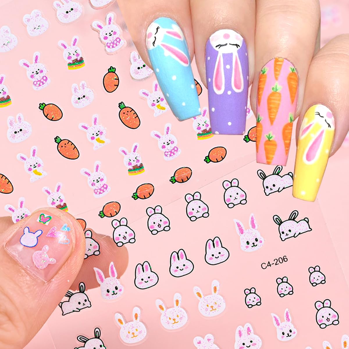 30Sheets Glitter Easter Nail Art Stickers Set 3D Self-Adhesive Nail Decals Cute Bunny Sticker for Nails Art Supplies Cartoon Easter Rabbit Design Manicure Tips Charms for Kids DIY Nail Art Decoration