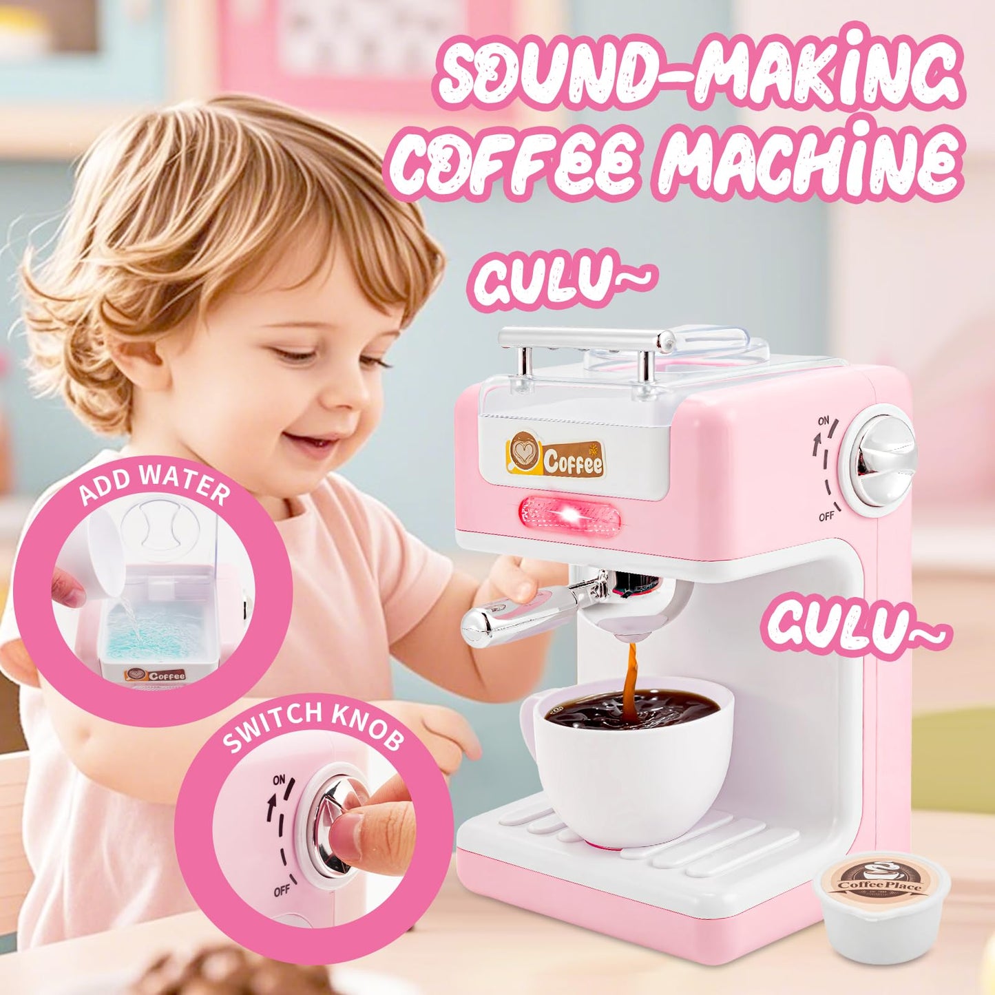 Play Kitchen Accessories,Toy Kitchen Appliances with Blender,Coffee Maker,Mixer,Toaster,Kids Kitchen Playset with Sound & Light,Play Kitchen Sets for Kids Ages 4-8,Pink Kitchen Toys for Girls Ages 3-5