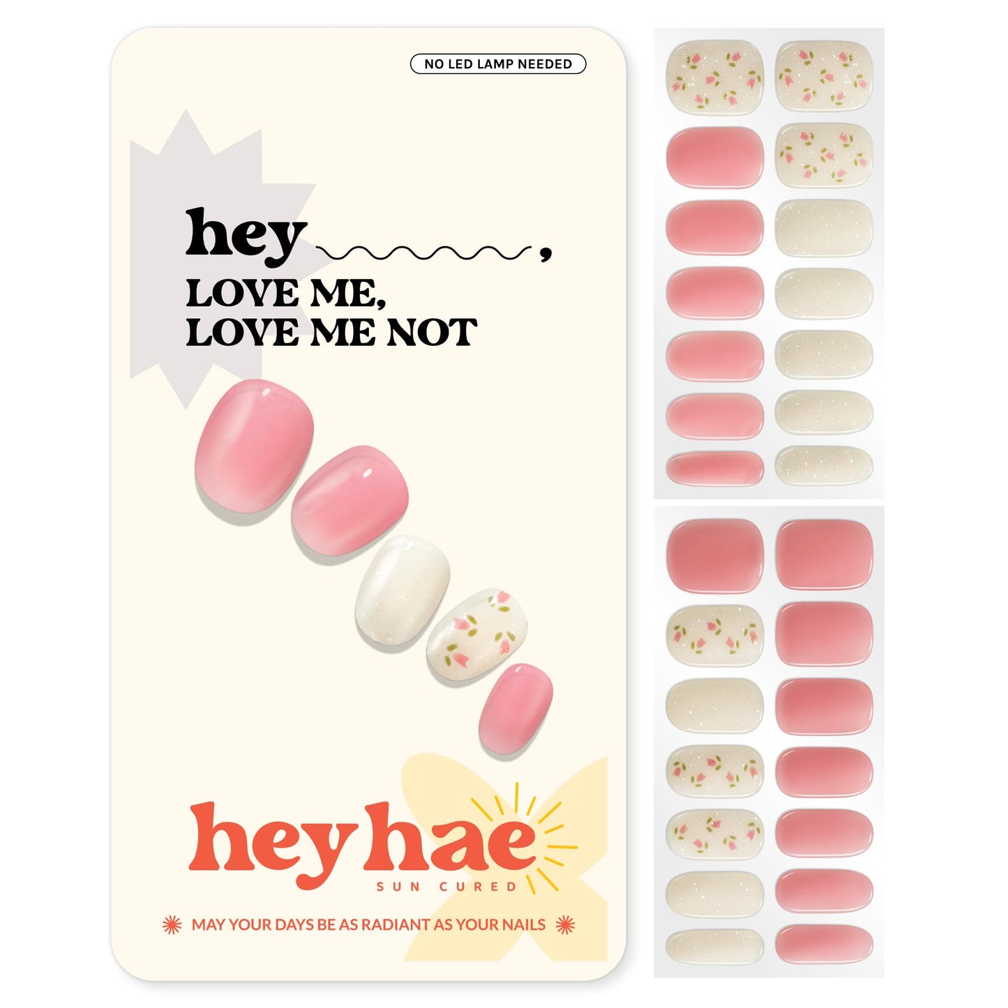 Heyhae Semi Cured Gel Nail Strips | No LED Lamp Needed | Easy Apply & Remove, Salon Quality | Includes 28 Strips, 1 Prep Pads, Nail File & Wooden stick - Hey, Love Me, Love Me Not