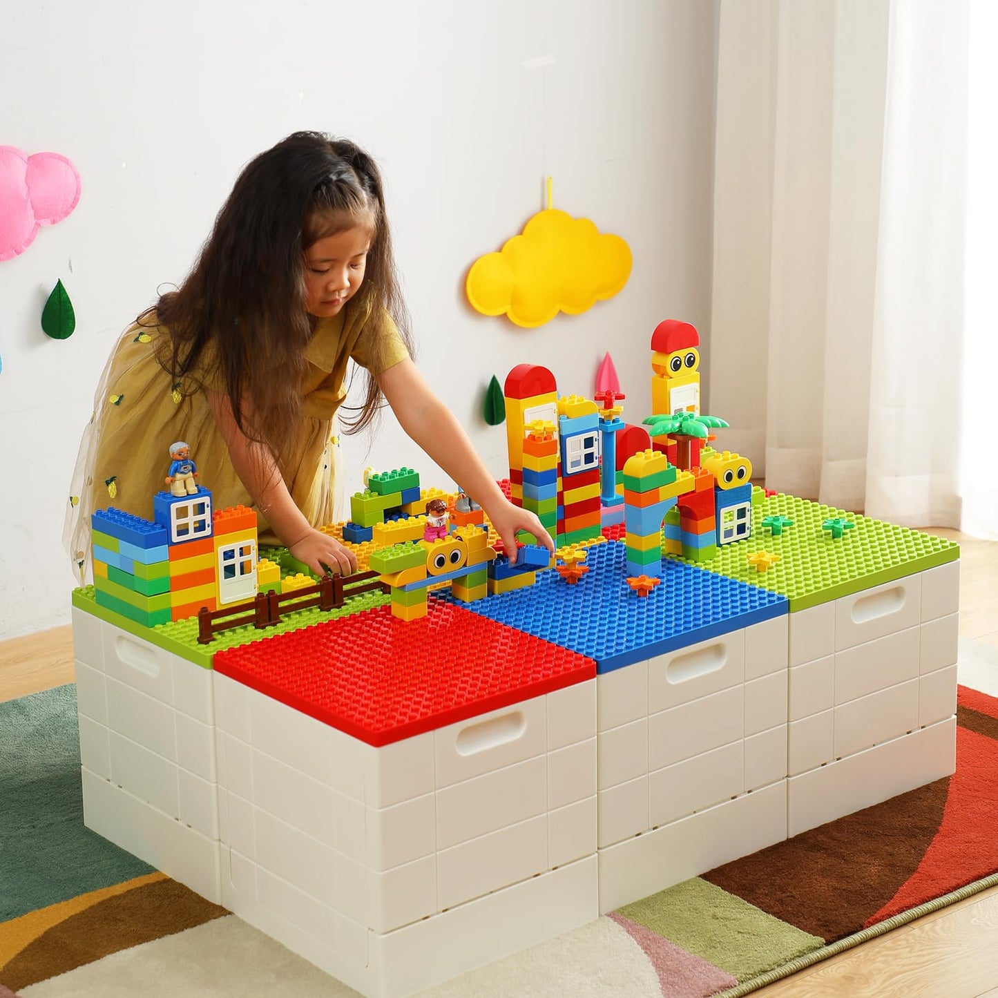 SHIMOYAMA Collapsible Storage Box with Building Baseplate Lid for Duplo Blocks, 26 Qt. Stackable Bricks Storage Bins for MEGA BLOKS, 25L Folding Utility Container for Lego Duplo Bricks, Red