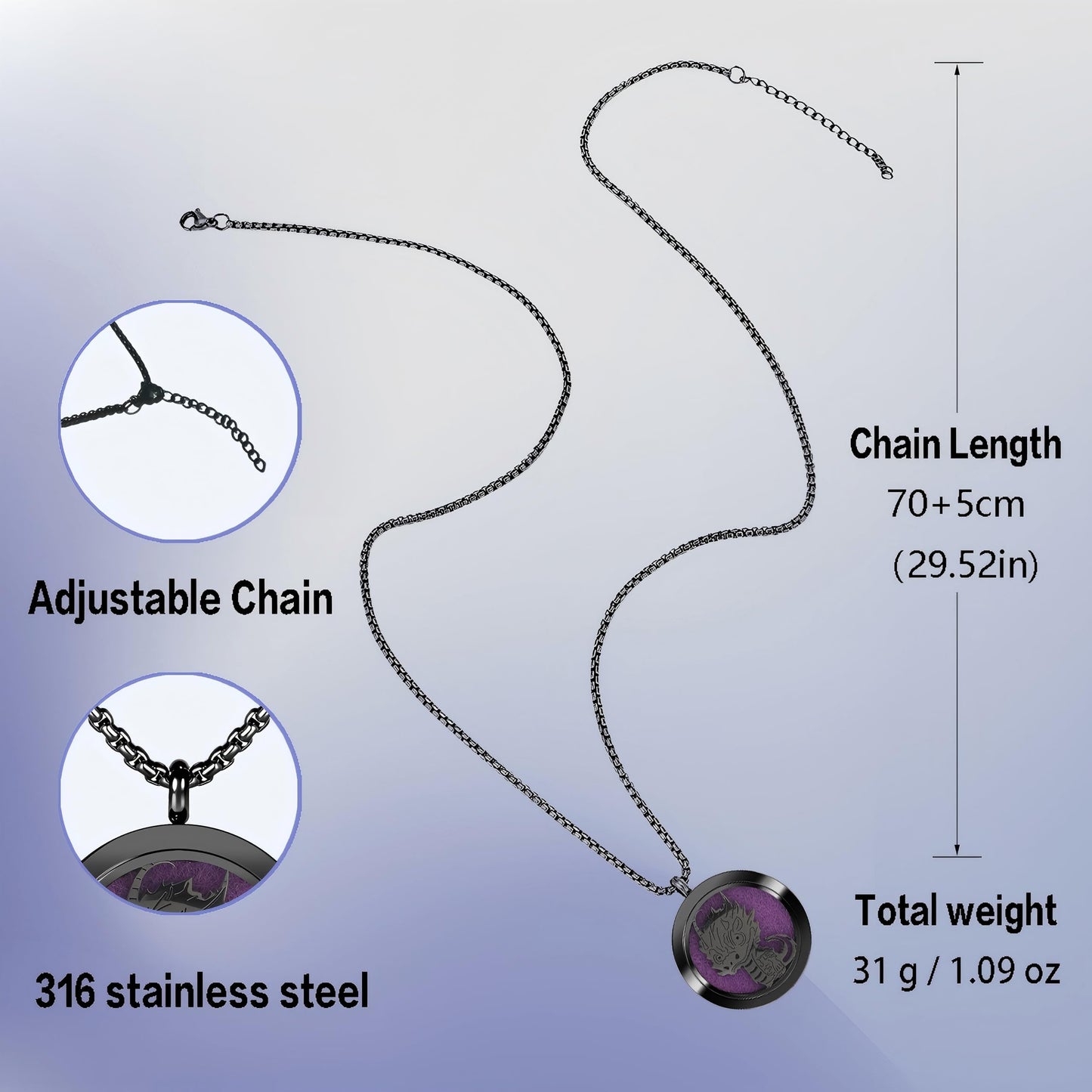 Aromatherapy Diffuser Necklace-Dinosaur Essential Oil Necklace,Aromatherapy Diffuser Pendant for Men and Women,Portable,Suitable for Yoga,Meditation,Travel,Stress Relief Gift(Black30mm)