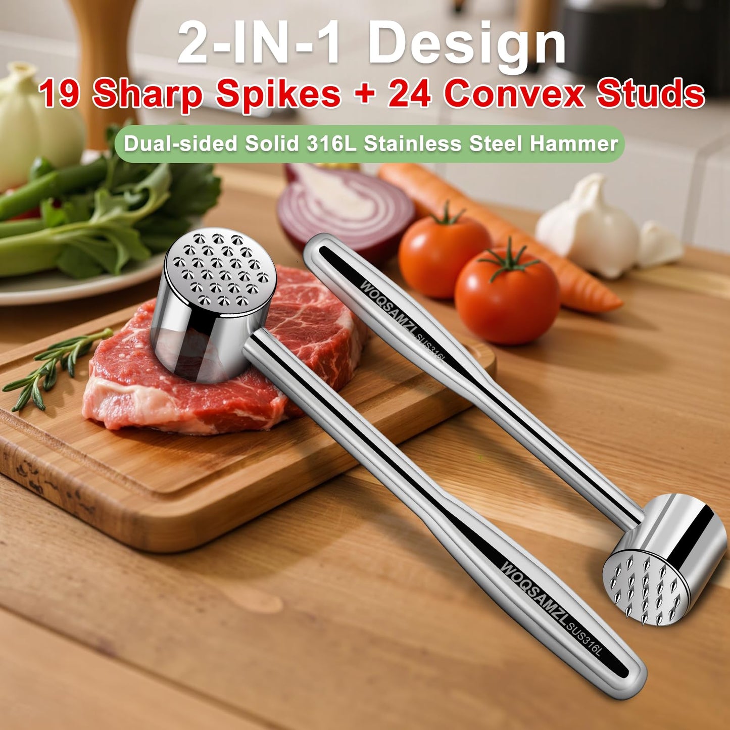 2-in-1 Real 316L Stainless Steel Meat Tenderizer Mallet Hammer, Professional Meat Pounder with 19 Sharp Needle Spikes, Dual-Sided Heavy Duty 1.09lb Versatile Kitchen Tool,Solid & Dishwasher Safe