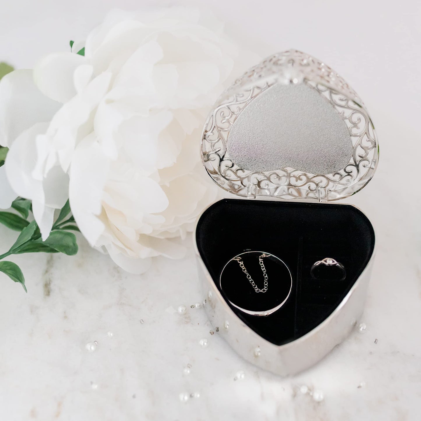 Cherished Moments Baptism Gift for Girls Jewelry Keepsake Box with Heart-Shaped Filigree Design and Engraved Cross, Silver Toned