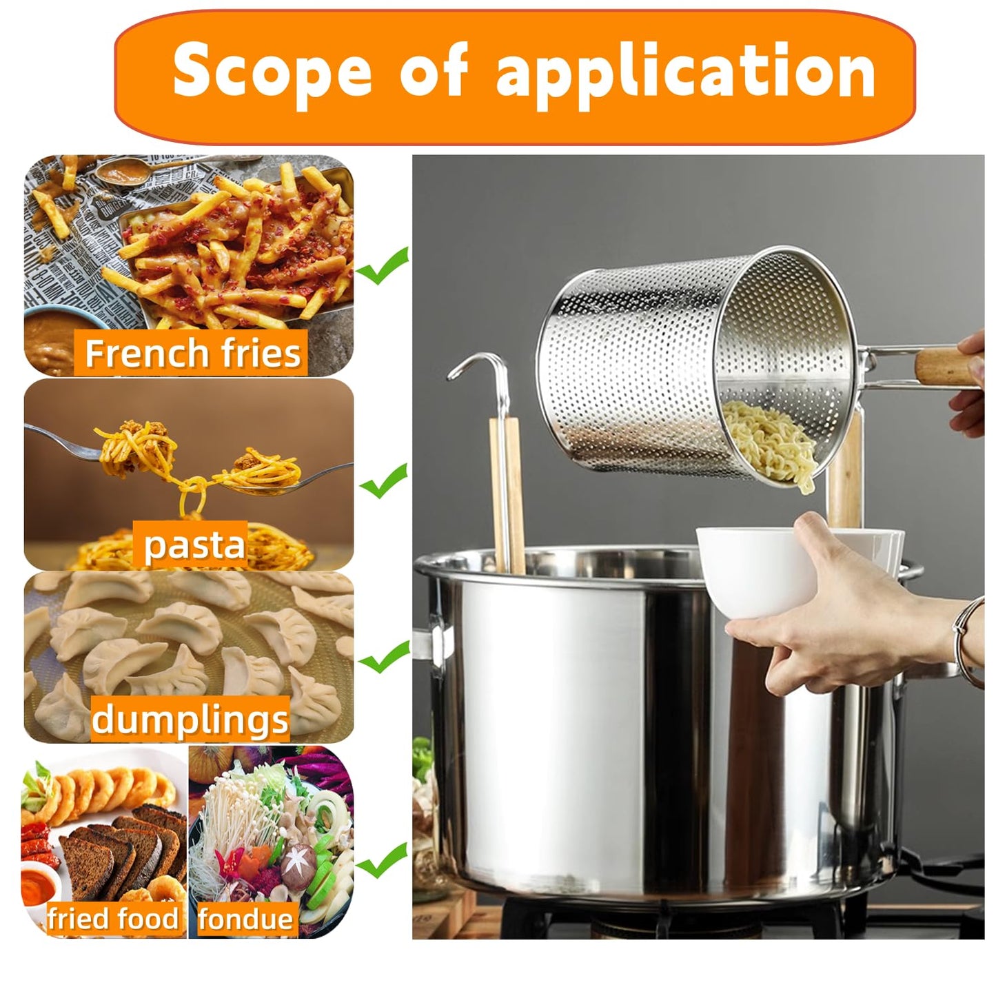 2 Pieces Pasta Strainer, Stainless Steel Mesh Spider Strainer, Basket Fine Mesh Spider Basket with Wooden Handle Good For Boiling Food Spaghetti Dumpling