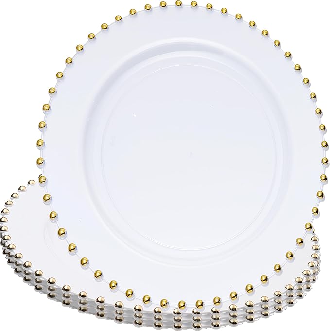 PLASTICPRO White with Gold Rim Plastic Charger Plates with Beaded Edge – Pack of 8 – 13" Elegant Round Disposable Chargers for Weddings, Events, Parties, and Dinners