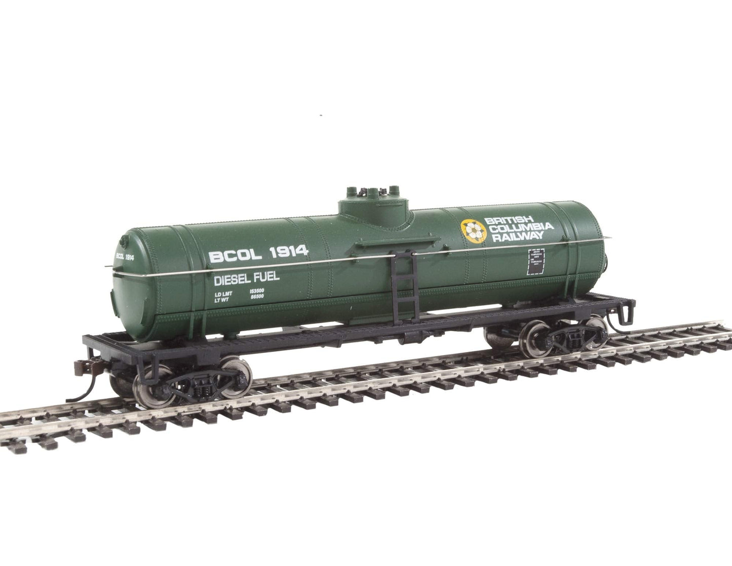 Walthers Trainline Tank Car-Ready to Run-British Columbia Railway (Green, Yellow, White; Dogwood Logo) 931-1441 HO Scale Model Railroad - Freight Model