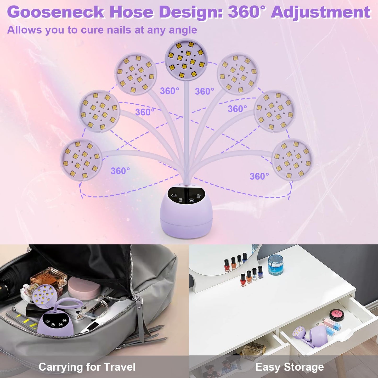 CGBE UV Nail Lamp, Cordless Gooseneck Gel x Lamp, 36W Mini Flash Cure Light, Portable USB LED Nail Light with 4 Timers & Auto Sensor for Salon Home DIY Use, Purple