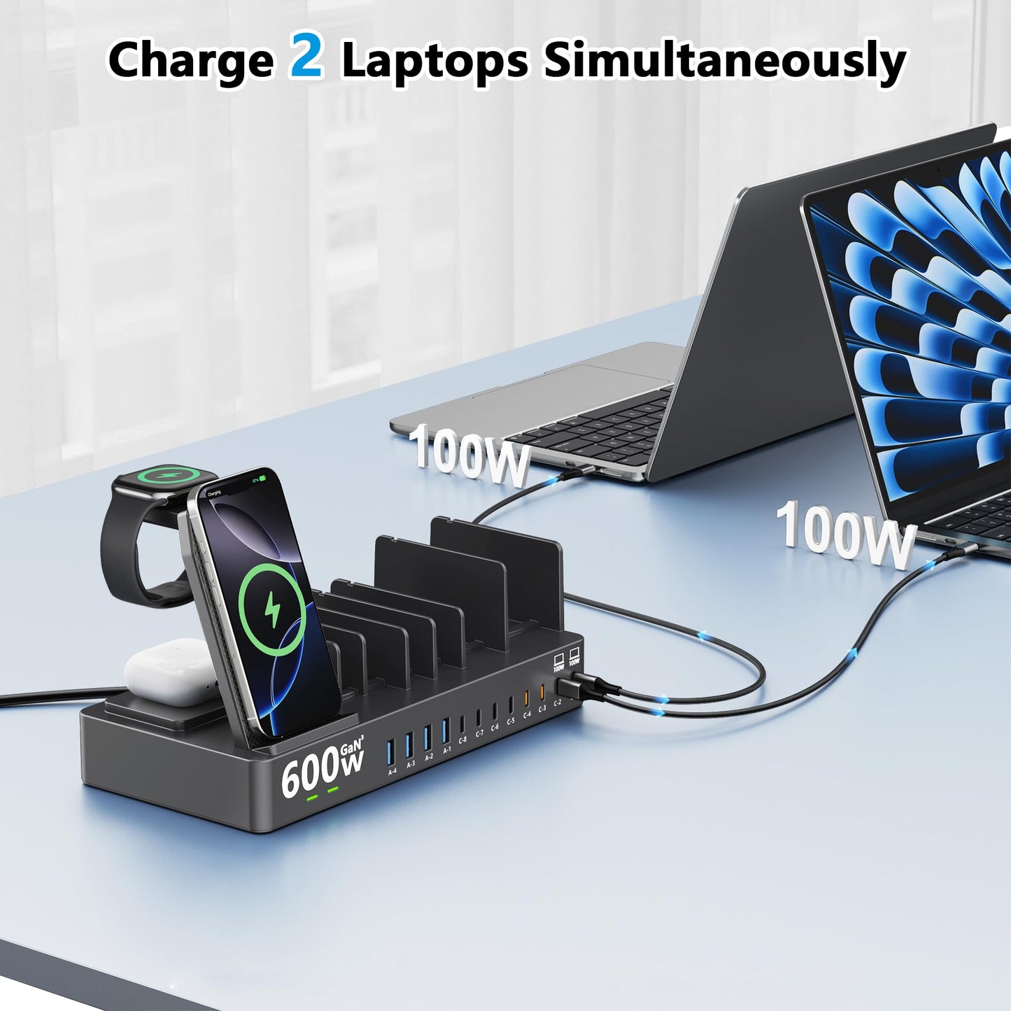 600w Charging Station for Multiple Devices, 15 in 1 Wireless Charging Station for Apple, Dual 100w USB C Tablet Charging Station for MacBook,iPhone,iPad,Tablet(Black)